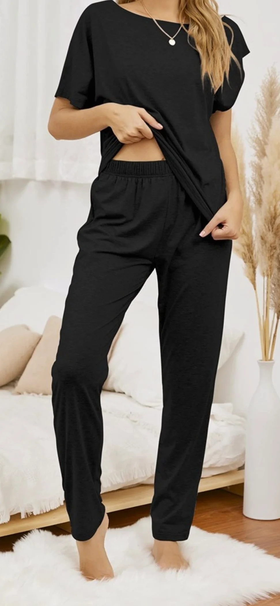 Pijama De Mujer Manga Corta,Pijama De Manga Corta para Mujer De Cuello Redondo Negro De Gran Tamaño Conjunto De 2 Piezas Pijama Suave Y Cómodo para Mujer Ropa De Salón Regalo del Día De La Madre