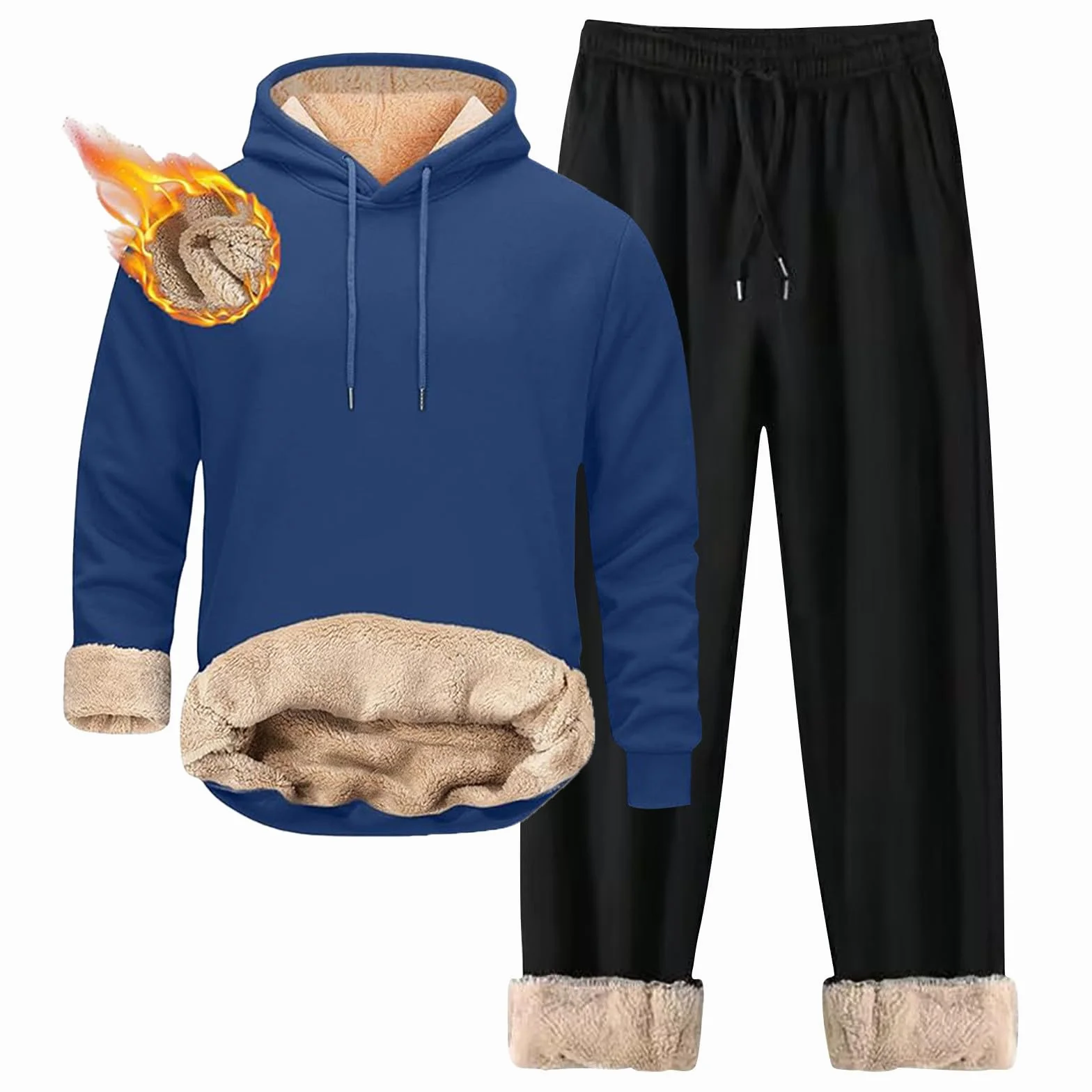Generisch Conjunto de chándal térmico para hombre, a prueba de viento, sudadera de forro polar cálido, sudadera de invierno engrosada, sudaderas acogedoras con forro polar, ropa deportiva suave
