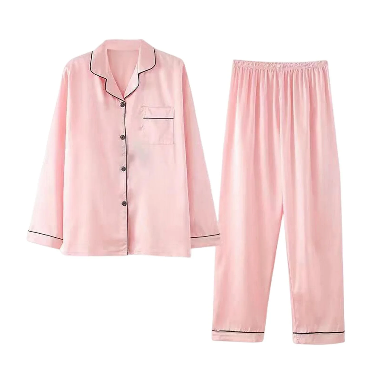 MOGSA Pijama de seda para mujer, para primavera y verano, pantalones de manga larga, traje de satén de seda de hielo, talla grande