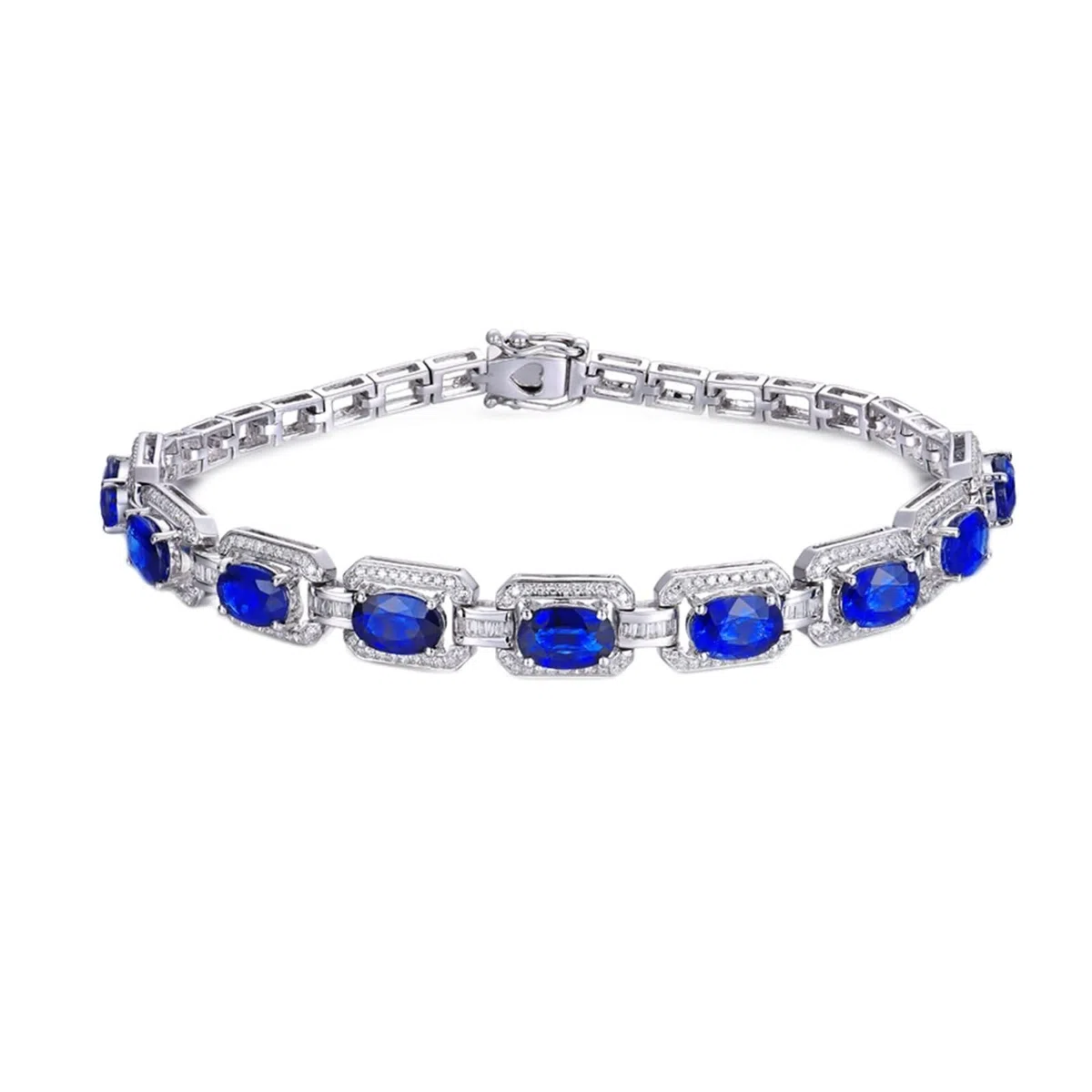 Pulseras de Mujer de Oro Blanco de 9Kilates / 14Kilates / 18Kilates, Rectángulo Oval con Zafiro Creado de 2,33 ct y Diamante, Cadena 16 CM, Pulseras de Cadena Plata Azul Verde Mujer