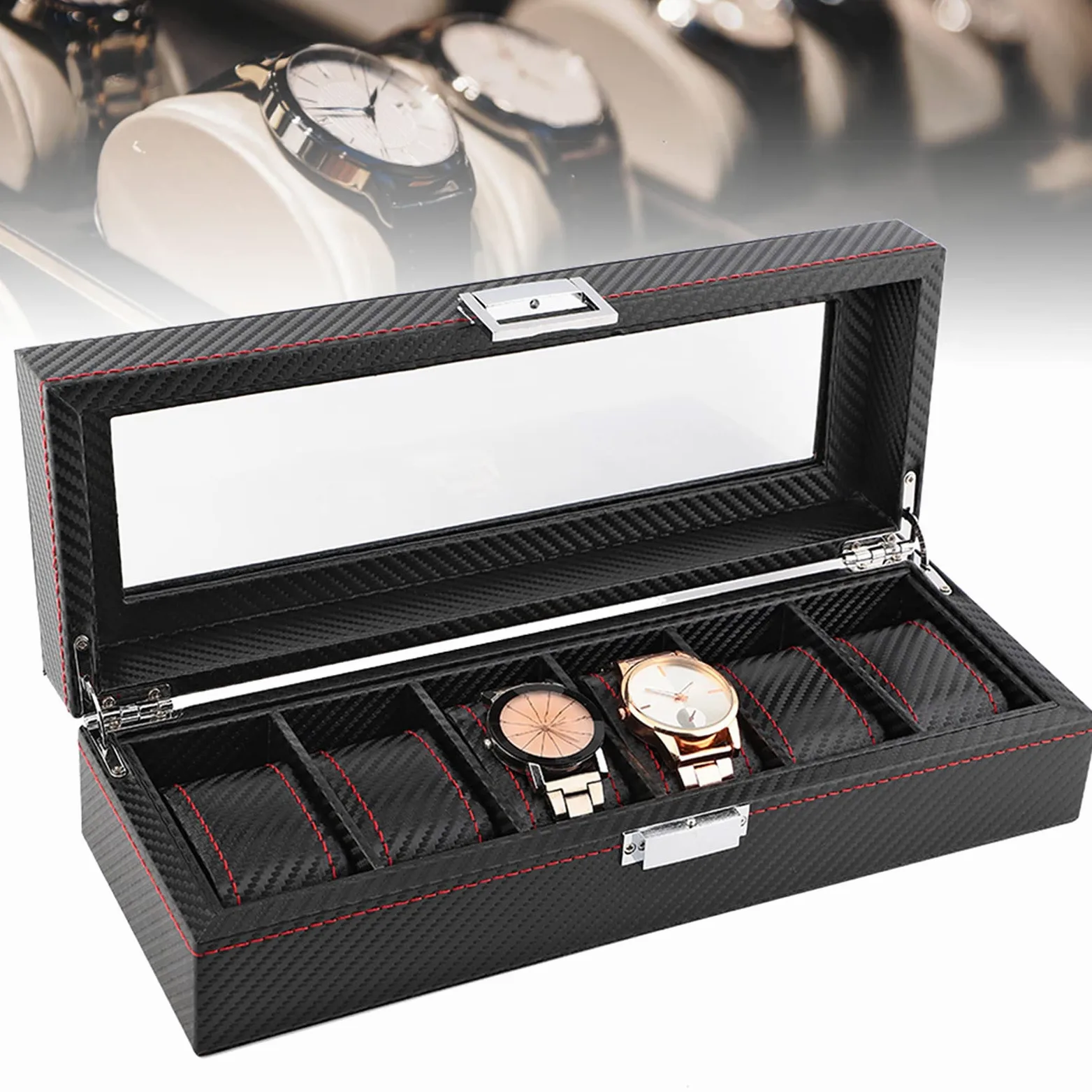 Akozon Caja De Reloj De Fibra De Carbono con 6 Ranuras, Estuche De Viaje para Organizador De Almacenamiento De Exhibición De Joyería
