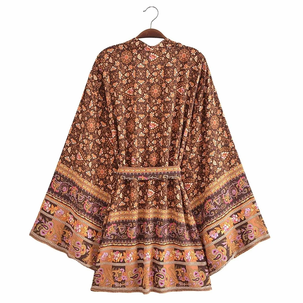 Dninmim Bata estilo kimono de algodón con estampado floral vintage para mujer, de manga larga, para verano, para la playa, estilo bohemio, Como se muestra en la imagen., S