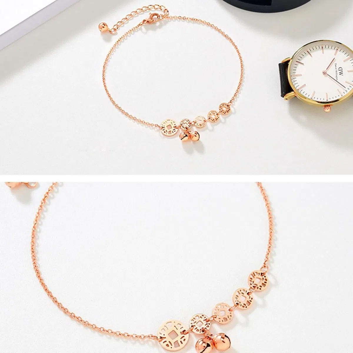 9K Rose Gold 375 Tobillera Boho 30 cm, Au375 oro rosa, campana, hueca, redonda, tobillera para mujer