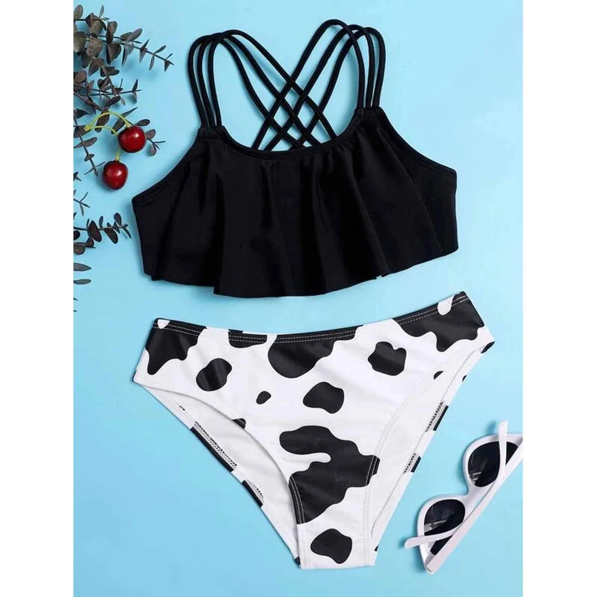 Traje de baño para niña adolescente, traje de baño para bebé, cruzado a través de la espalda, camiseta de vaca de verano, 2 piezas, bikini