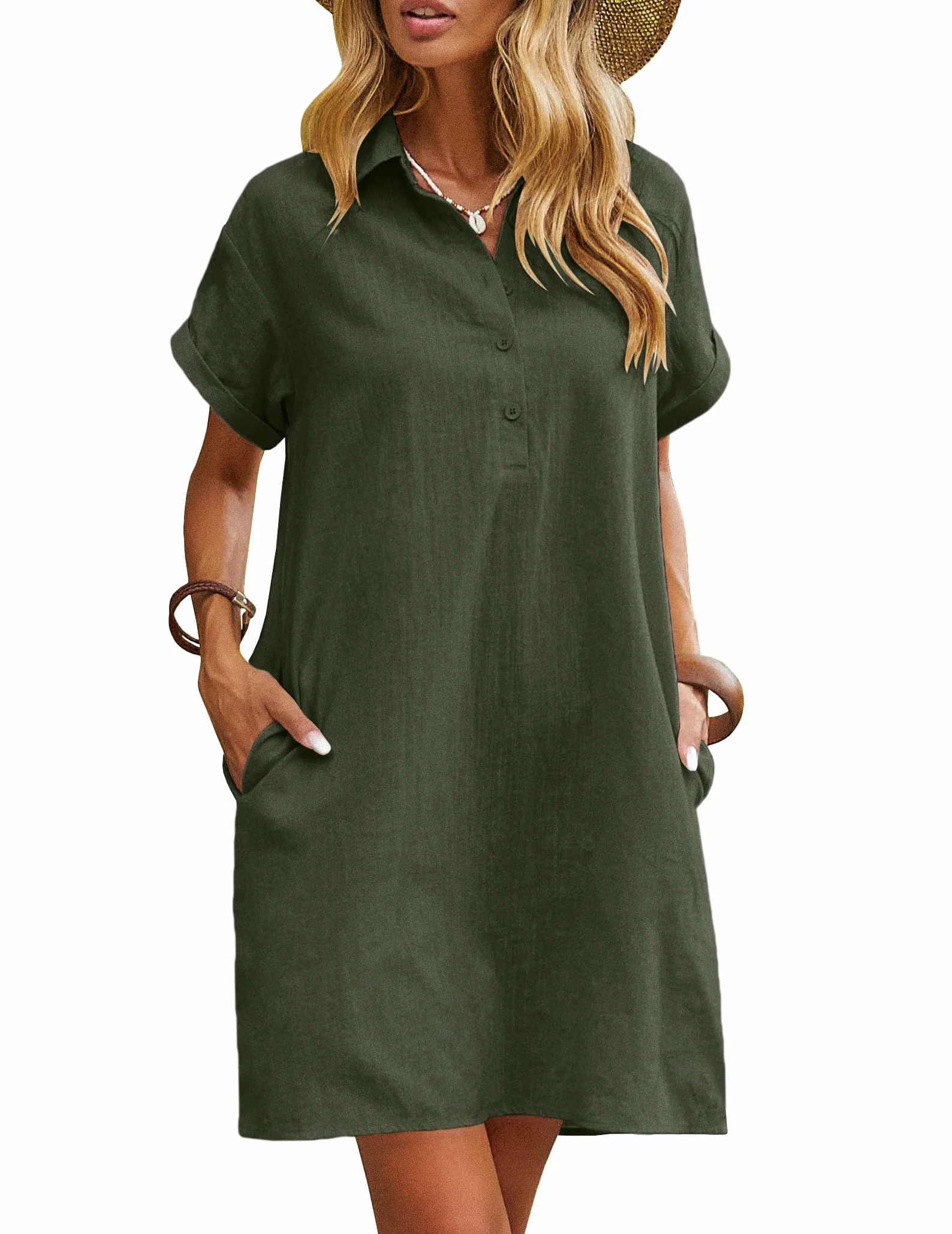 Zeagoo Vestido de Lino Manga Corta para Mujer Casual Playa Rodilla Camisero con Bolsillos S-XXL
