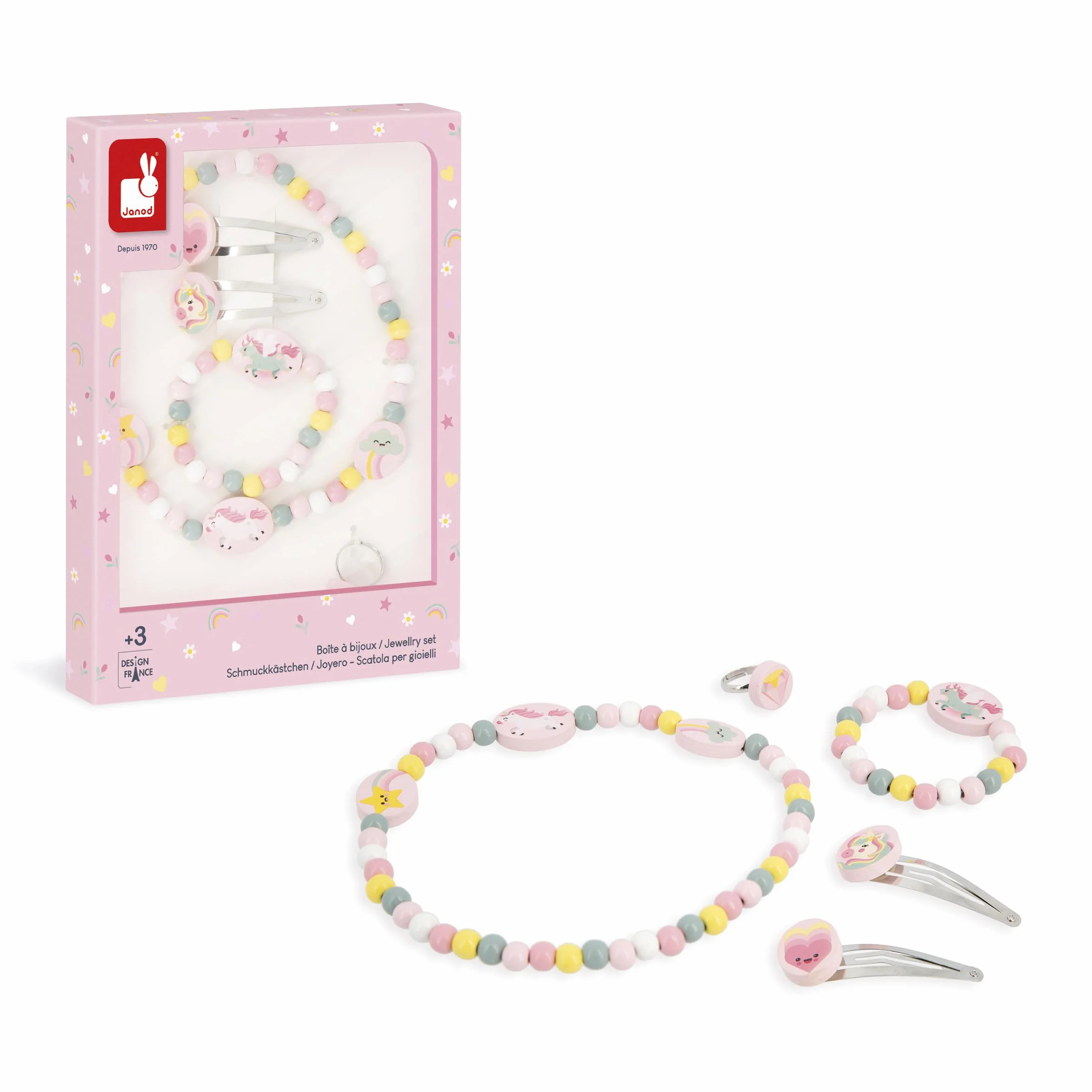 Janod Set de 5 Joyas de Madera Unicornios - Collar, Pulsera, Anillo y 2 Clips - FSC - A Partir de 3 Años