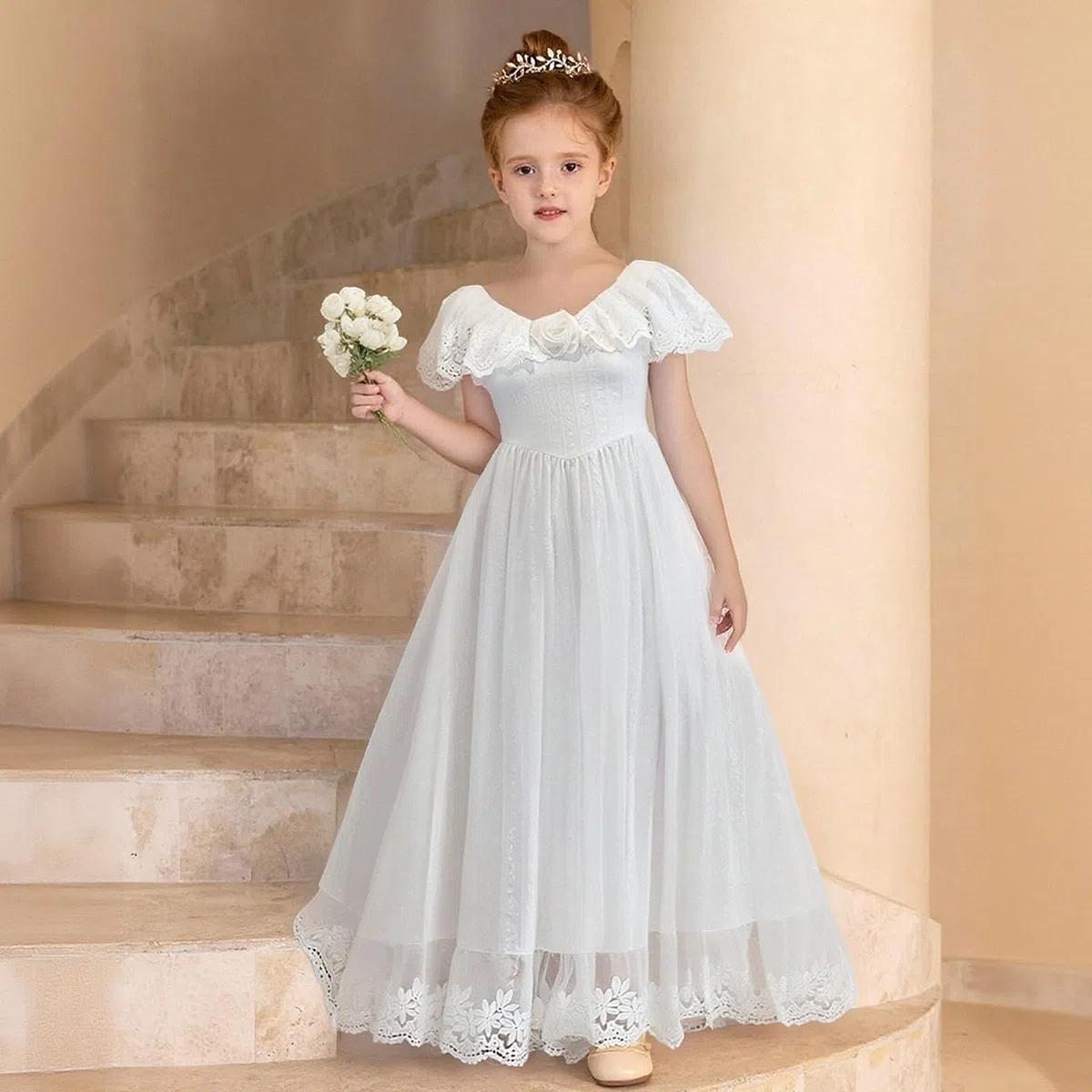 Generisch Vestido de niña de estilo francés suave, blanco, con un solo hombro, adecuado para niños de 8 a 13 años