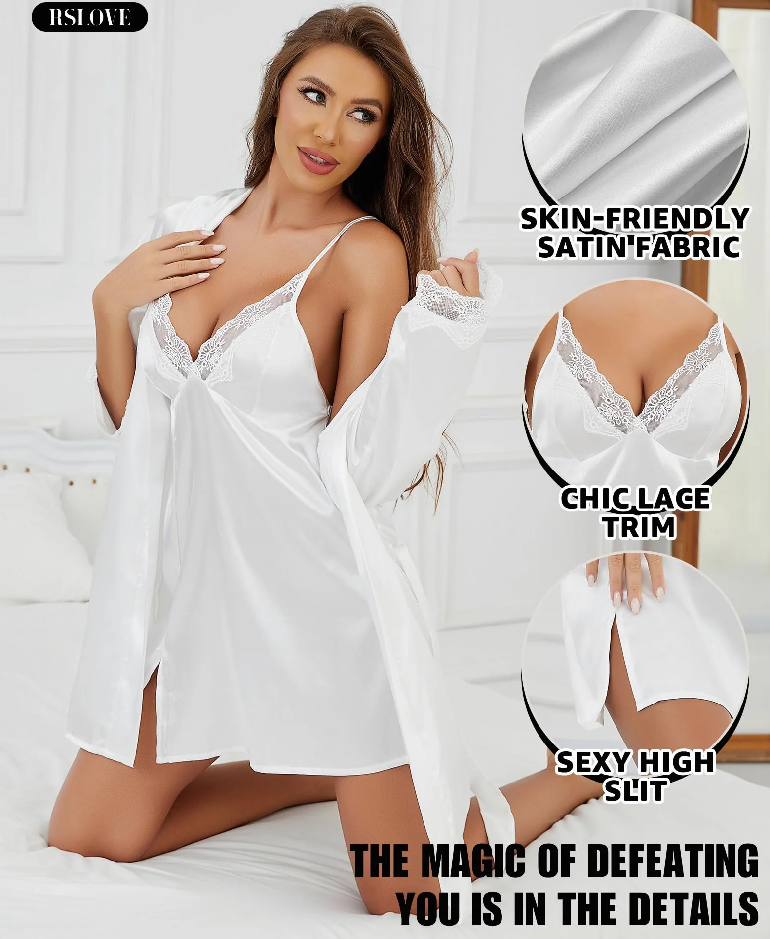 Conjunto de Camisola y Bata de satén: camisón de lencería de Encaje con Bata a Juego, Ropa de Dormir Sexy para Dama de Honor o Luna de Miel
