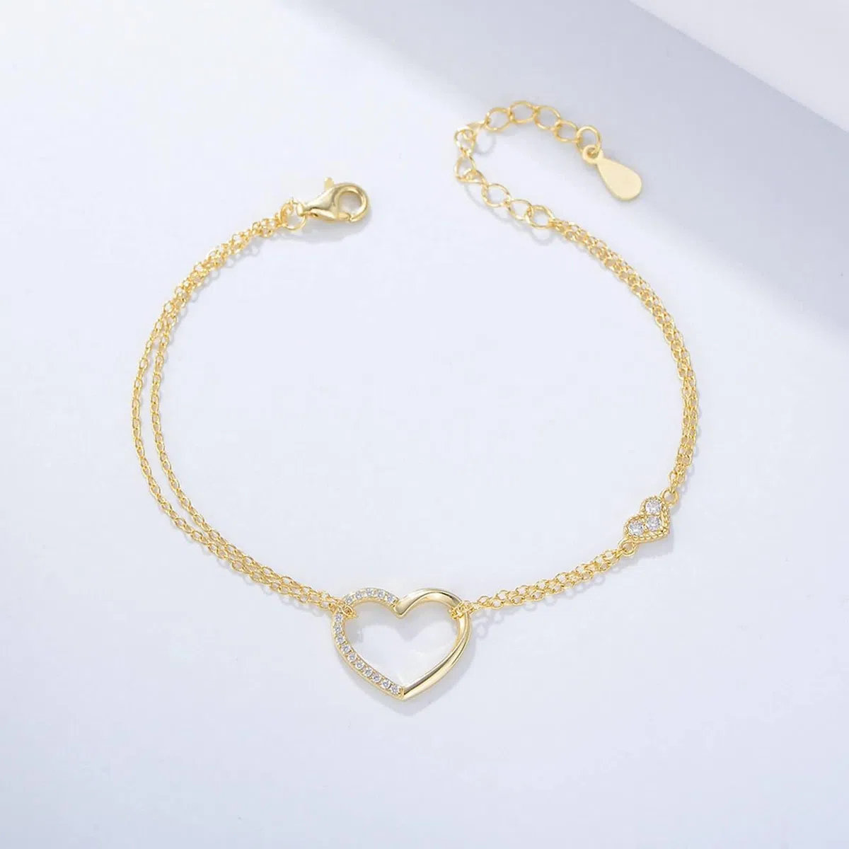 Pulseras de Mujer Oro Blanco 9 K / 14 K / 18 K, Cadena con Corazón Hueco y Moissanita, Cadena Extensible 16 CM + 5 CM, Pulsera de Plata Mujer