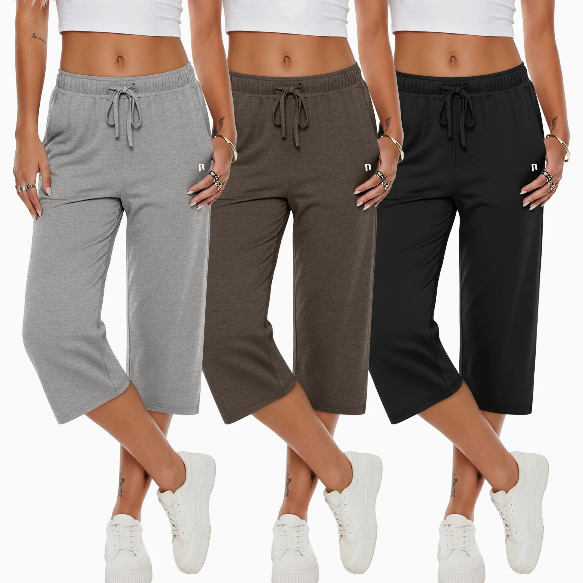 Neer Paquete de 3 Pantalones Capri para Mujer, Pantalones Deportivos Básicos, Informales, Ajustables, con Cordón | Pantalones deportivos deportivos con cordón, pantalones cortos de cintura elástica, pantalones capri ligeros casuales para