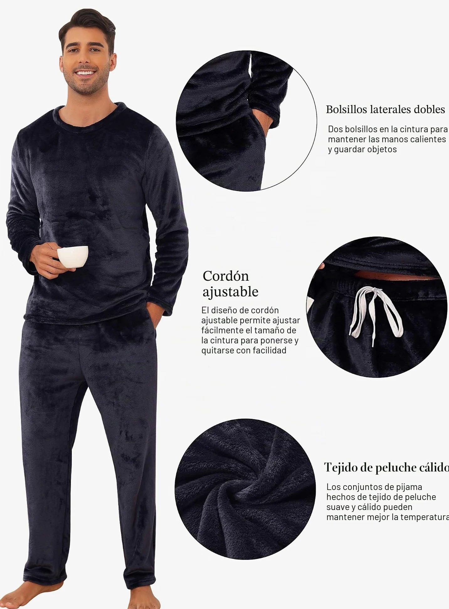Lovasy Pijama Hombre Invierno Manga Larga Polar Pijamas para Hombre de Franela Cálido Largo
