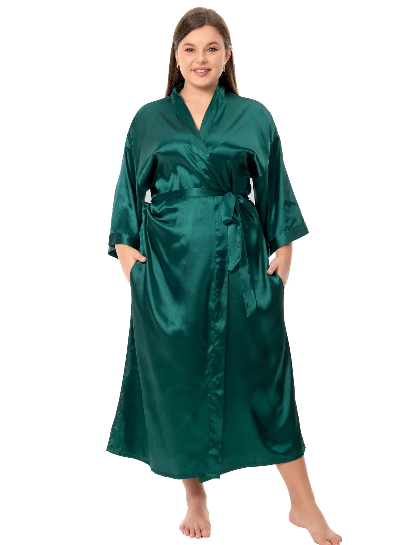 Bata larga de satén floral para mujer, talla grande, de seda, kimonos florales de pavo real, ropa de dormir.