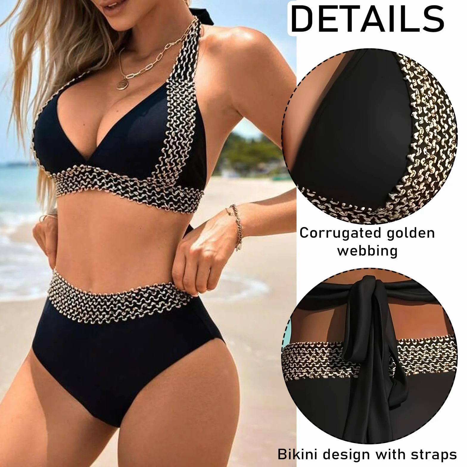 Traje de Baño 2 Piezas Mujer Push up Cuello en V Bikini Sexy Cintura Alta para la Playa