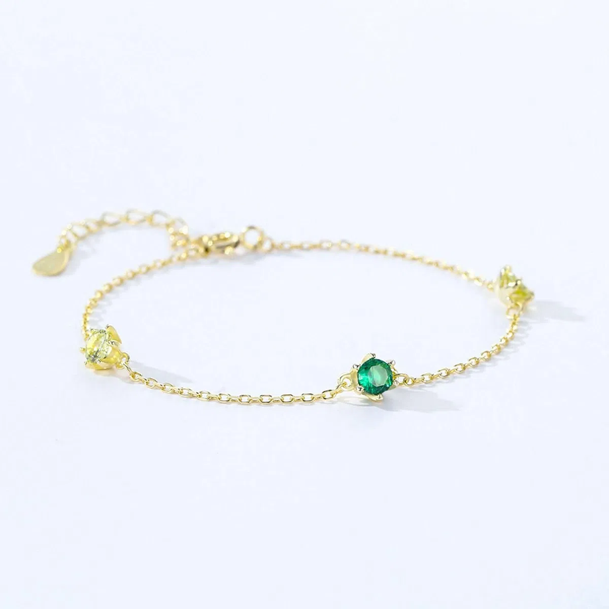Pulsera para Mujer de Oro Amarillo 9 Kilates / 14 Kilates / 18 Kilates, Redondo con Esmeralda Creada y Cuarzo Amarillo, Cadena Extensible 16 CM + 5 CM, Pulsera de Mujer Ajustable de Oro Verde
