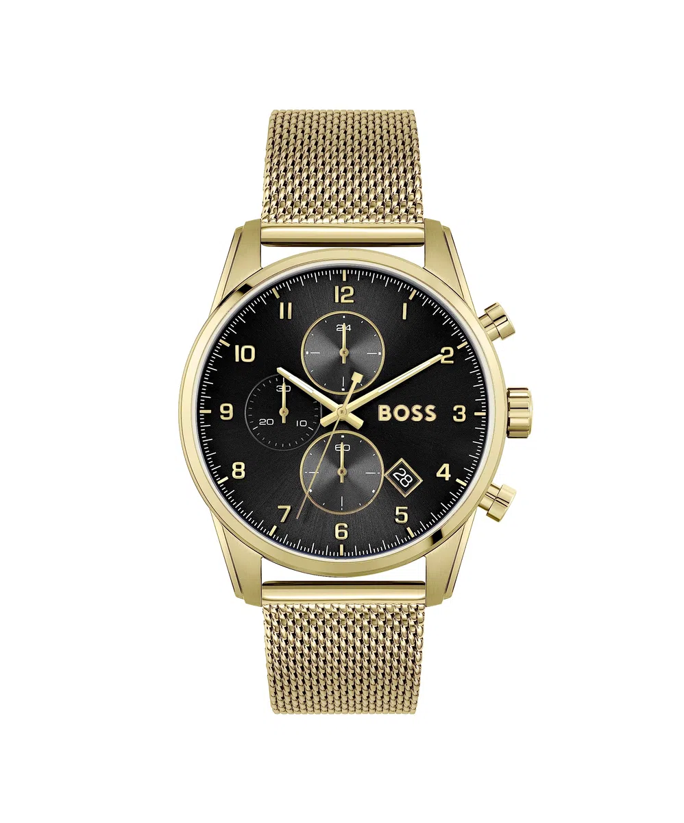 BOSS Reloj Cronógrafo de Cuarzo para Hombre Colección SKYMASTER con Correa de Malla de Acero Inoxidable de Color Dorado - 1513838