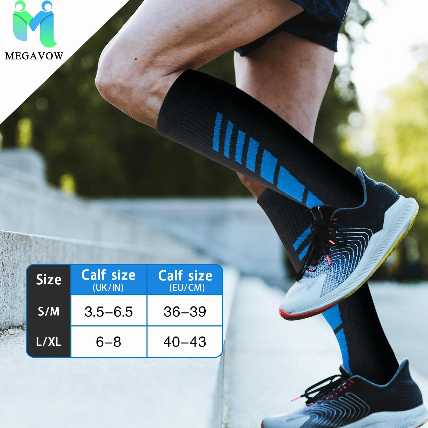 Calcetines de Compresión Graduada Hasta la Rodilla para Hombres y Mujeres L/XL Negro Azul