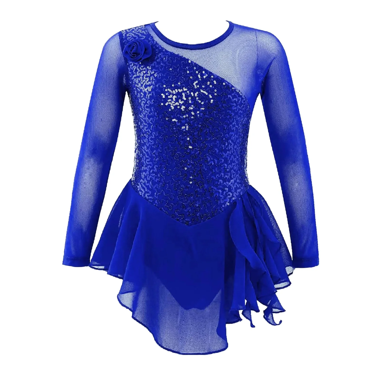 Maillot patinaje artistico Vestido de leotardo gimnástico con lentejuelas for niñas, traje de baile for niños, vestido de patinaje sobre hielo de manga larga de malla, Ropa de baile for actuaciones(Ro