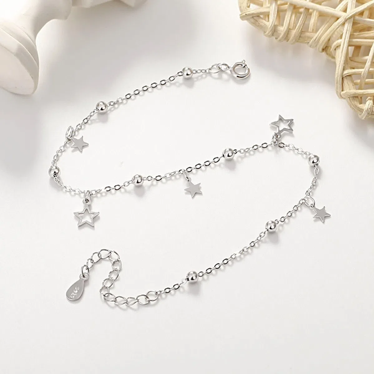 Tobillera Boho Au585 de oro blanco, 14 quilates con estrella para mujer, pulseras para niñas y mujeres, 23 cm de longitud