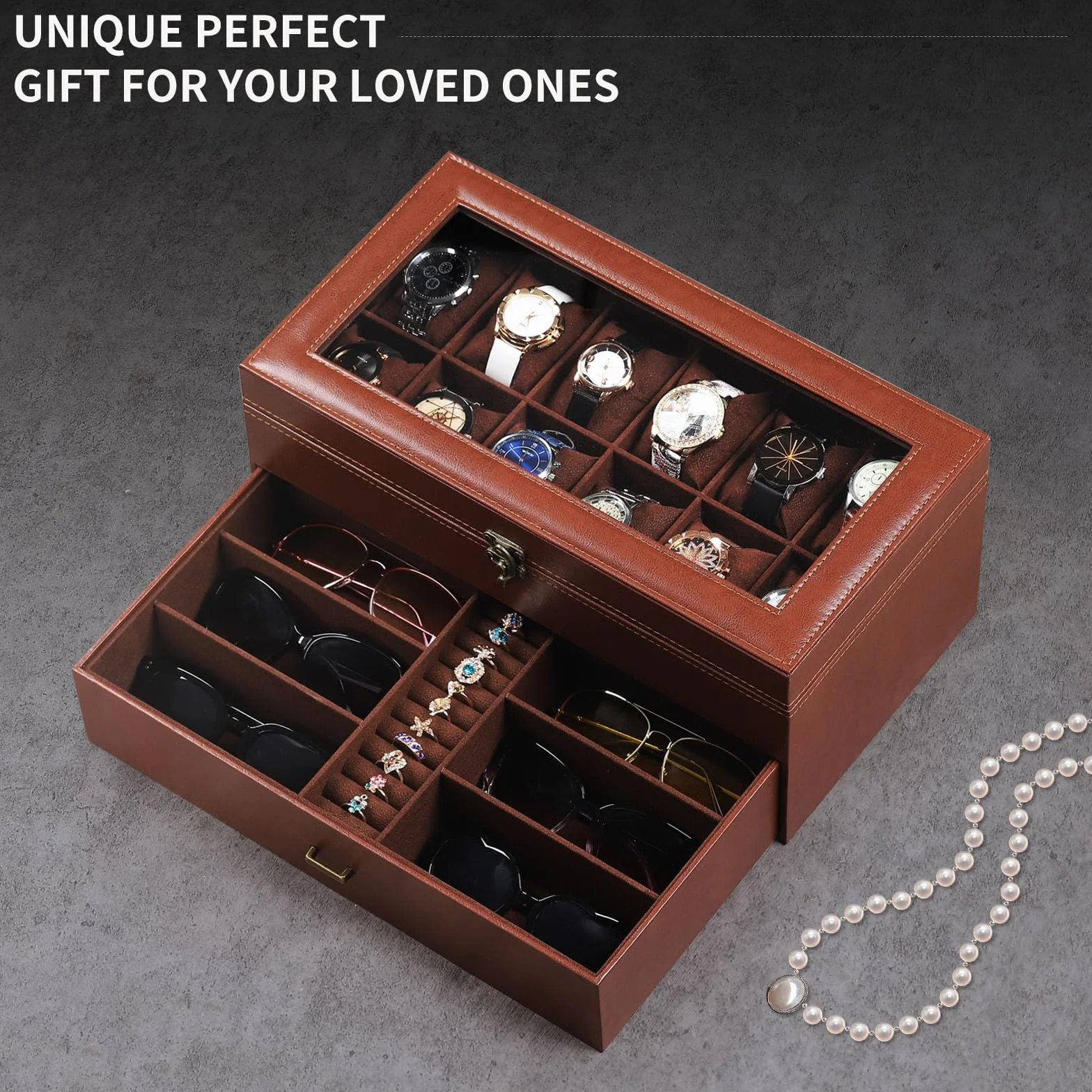 AUTOARK Caja de cuero y terciopelo para 12 relojes y organizador de lentes de sol de 6 piezas, 2 capas con 1 cajón, con cerradura, parte superior de cristal grande, MKAW041