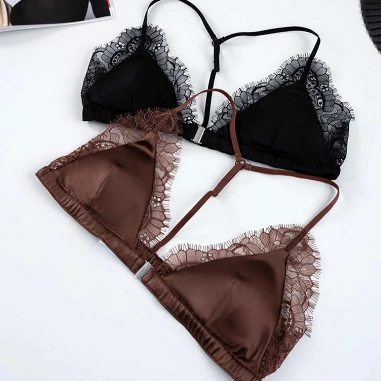 Sujetador de Encaje for Mujer del 93% Seda el 7% Spandex, Bralette con Cierre Delantero Copa Triangular sin Hilos, Ropa Interior