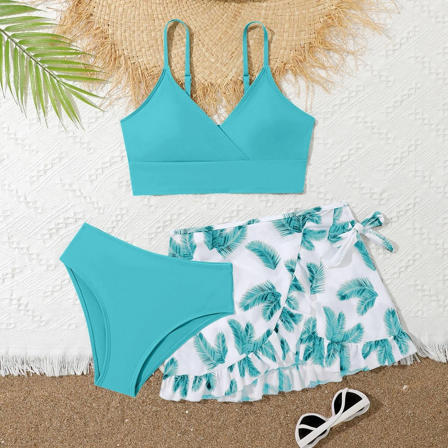 Traje de baño para niña de 3 piezas, color liso, bikini