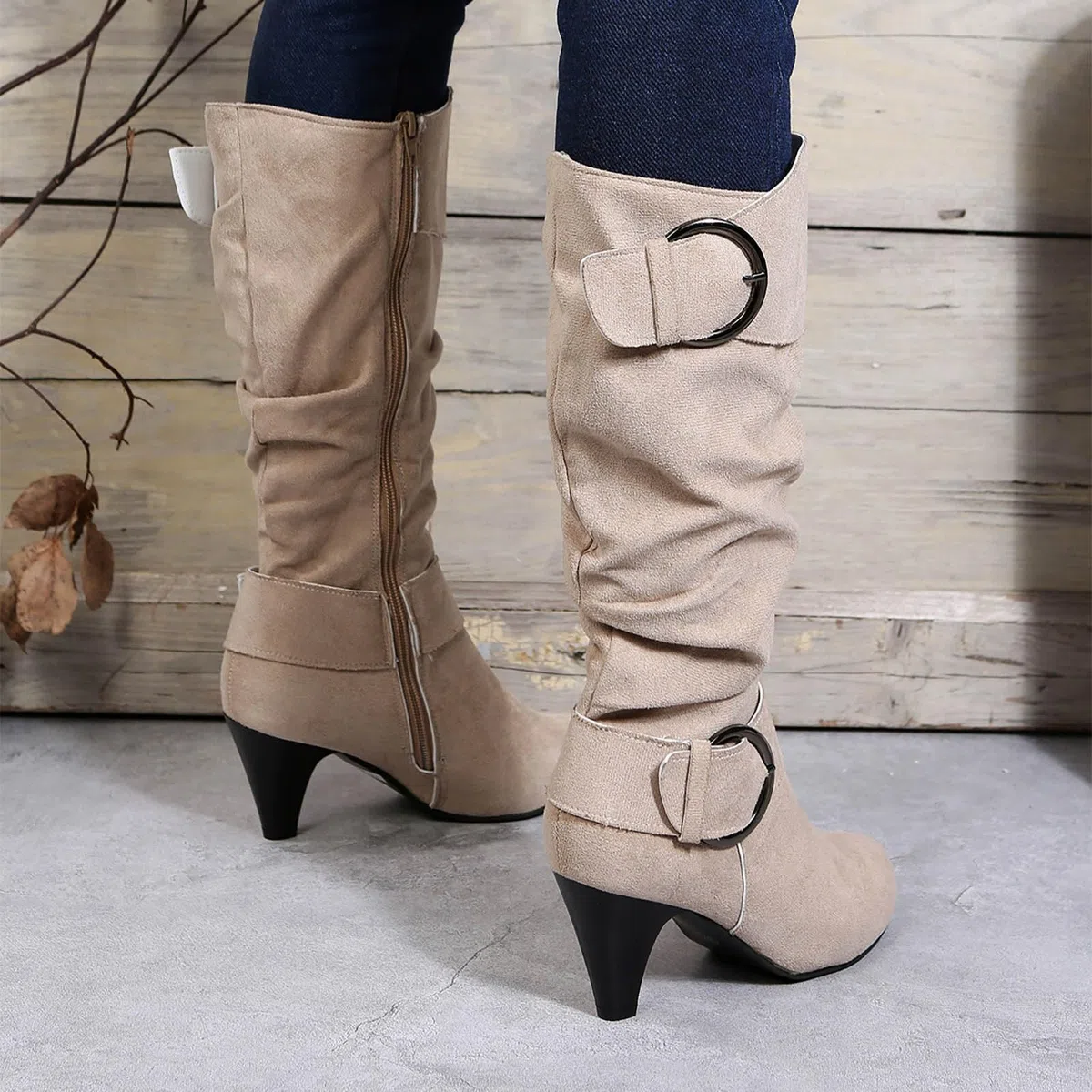 Generisch Botas de equitación de invierno para mujer e invierno Moda de gamuza Tacón fino Color sólido Botas de media pantorrilla Temperamento Botas cómodas