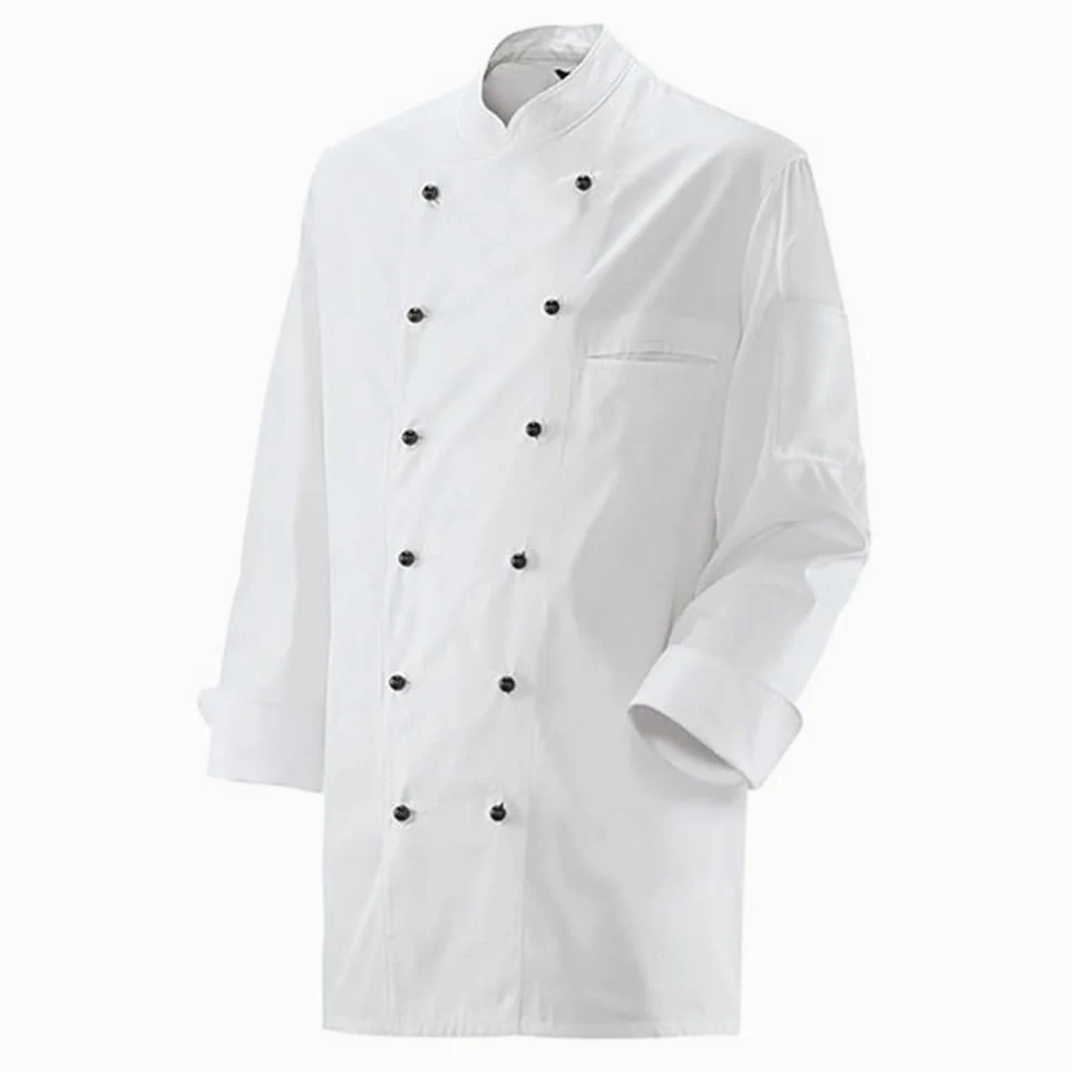 EXNER Chaqueta unisex de cocinero, manga larga, cuello alto, 100% algodón, color blanco, disponible en unisex hasta 6XL y tallas hasta 74. Se entrega sin botones de bola