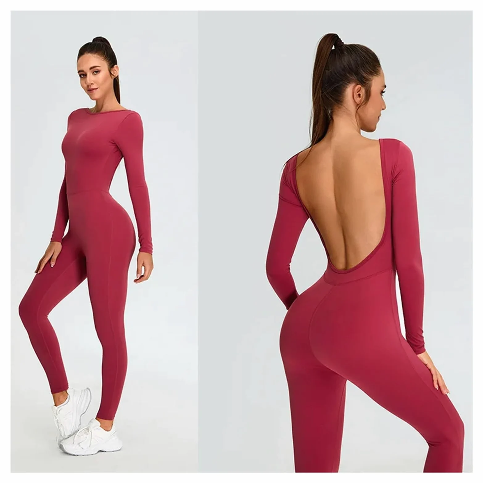 Mono de yoga sin espalda Mono de yoga una pieza con mangas largas y forma U, leggings sexys espalda abierta, ropa entrenamiento for mujer, fitness Para Entrenamiento