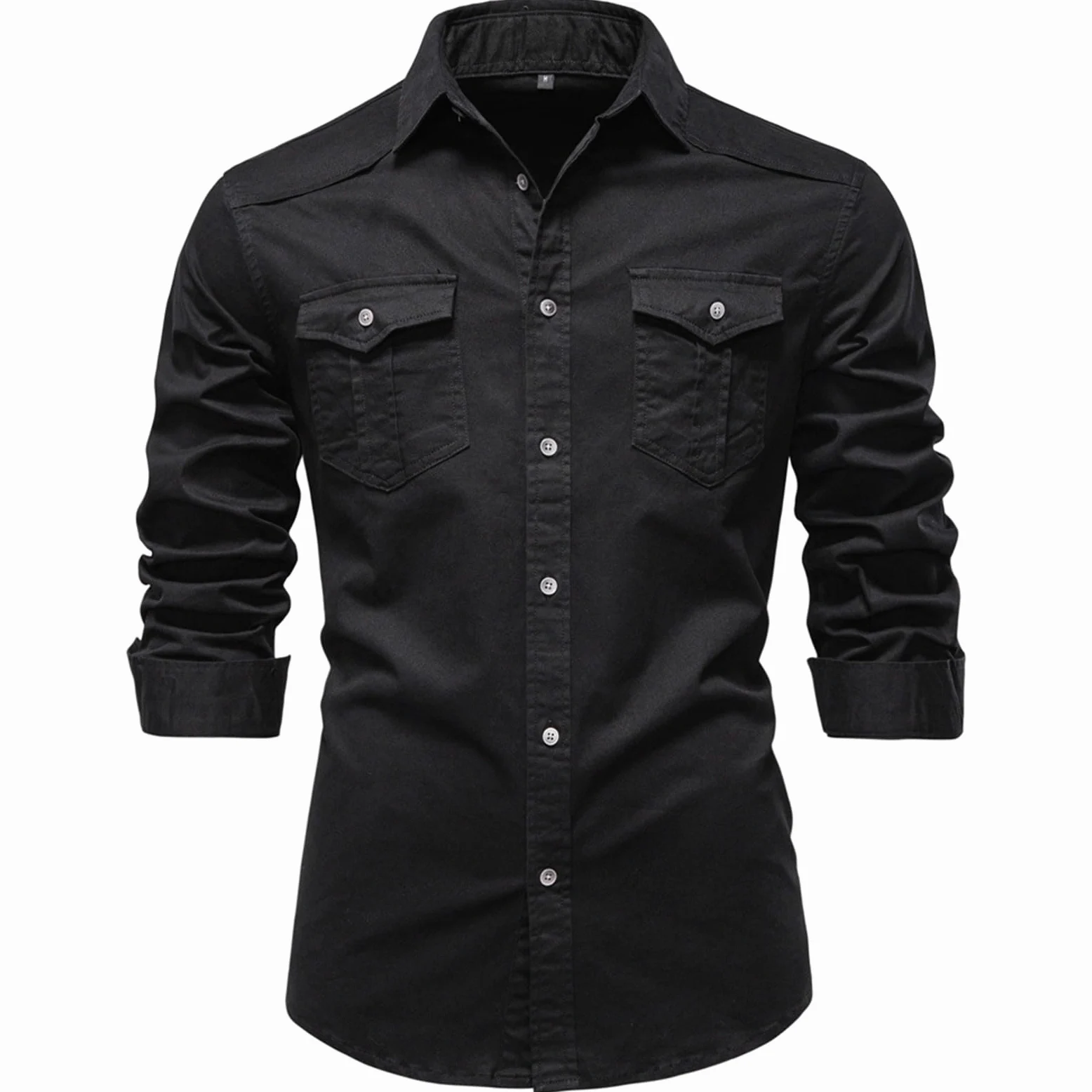 Camisa Casual de Hombre, Corte Ajustado, Manga Larga, Abotonada, de Mezclilla Lavada desgastada con Bolsillos en el Pecho.