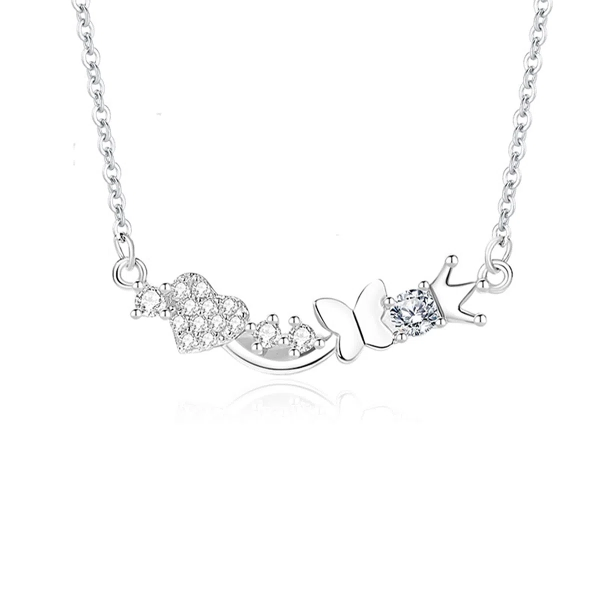 Collar con colgante para mujer, oro blanco de 9 quilates, 14 quilates, 18 quilates, corona de mariposa y corazón con moissanita, collar de plata para mujer de boda