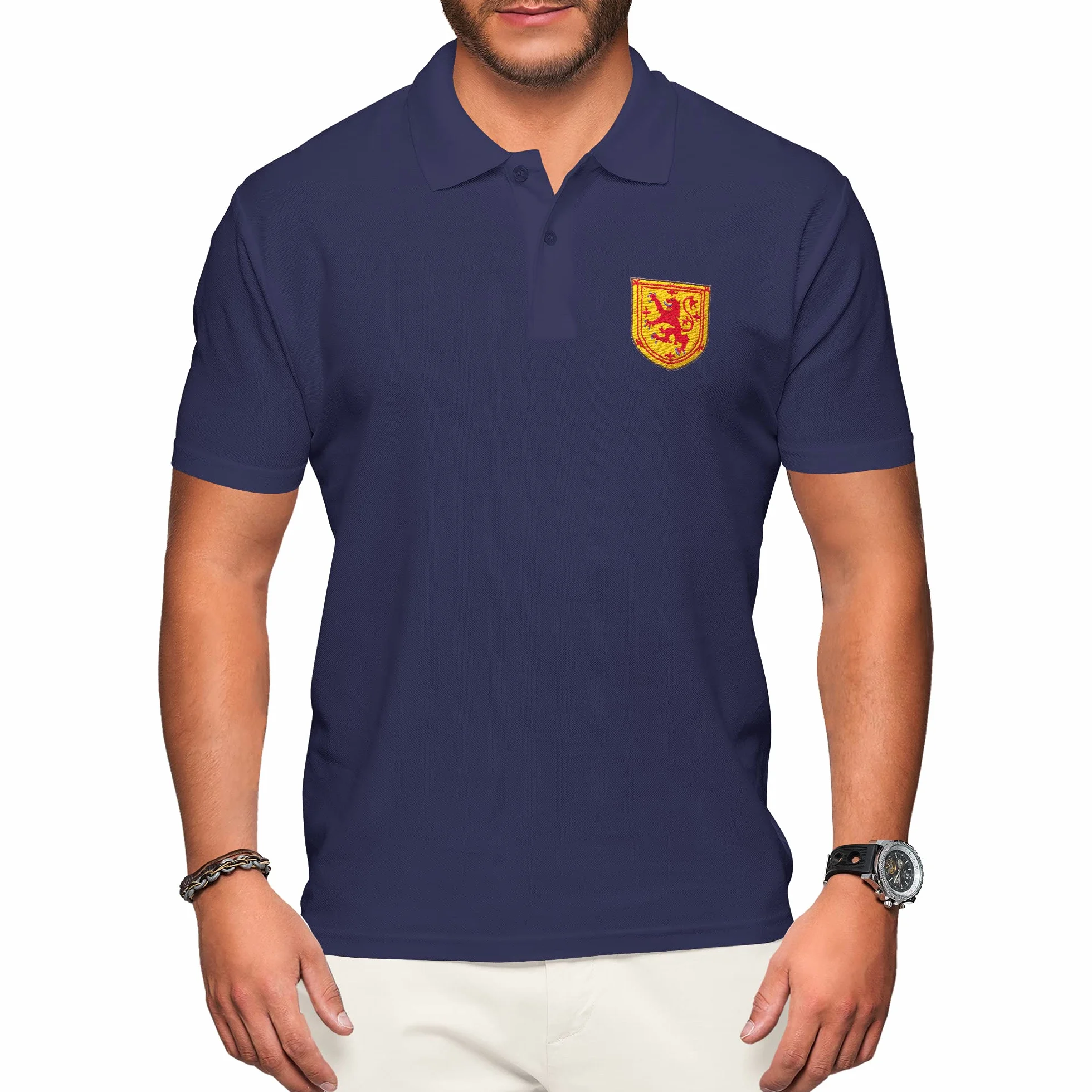 Purple Print House Polo de Escocia para hombre, camiseta de fútbol 2021, retro, para aficionados, rugby, algodón, escudo bordado, insignia del león real