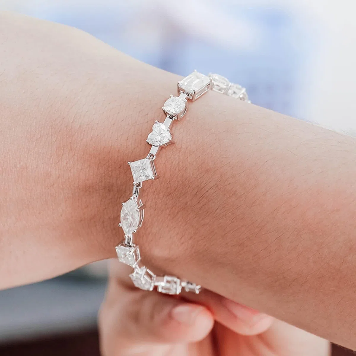 Pulsera de moissanita, pulseras de oro blanco con dije geométrico de moissanita para promesa de boda