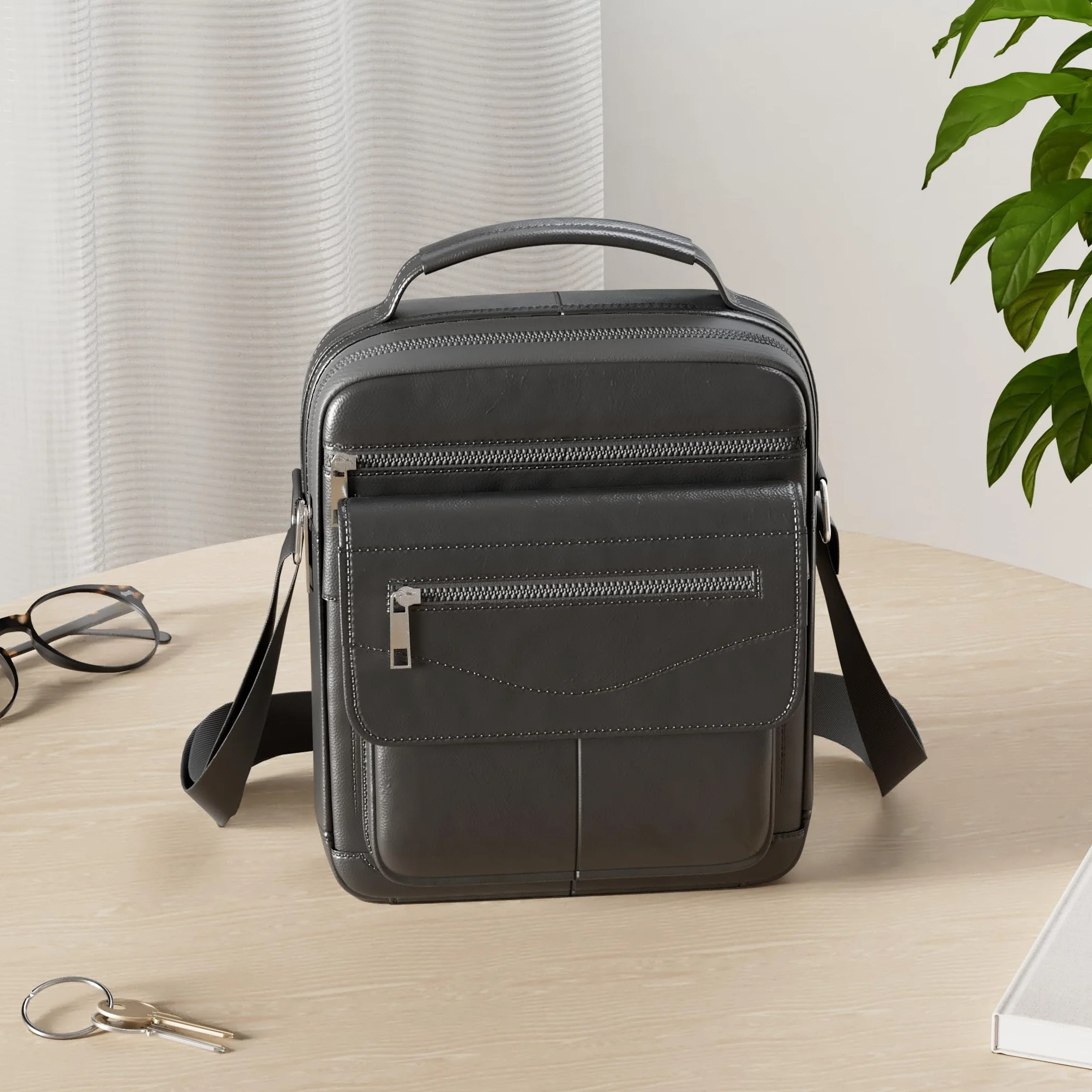 SPAHER Bandolera de Cuero Grande Bolso Piel Caballero Mariconeras para Hombres Man Bag