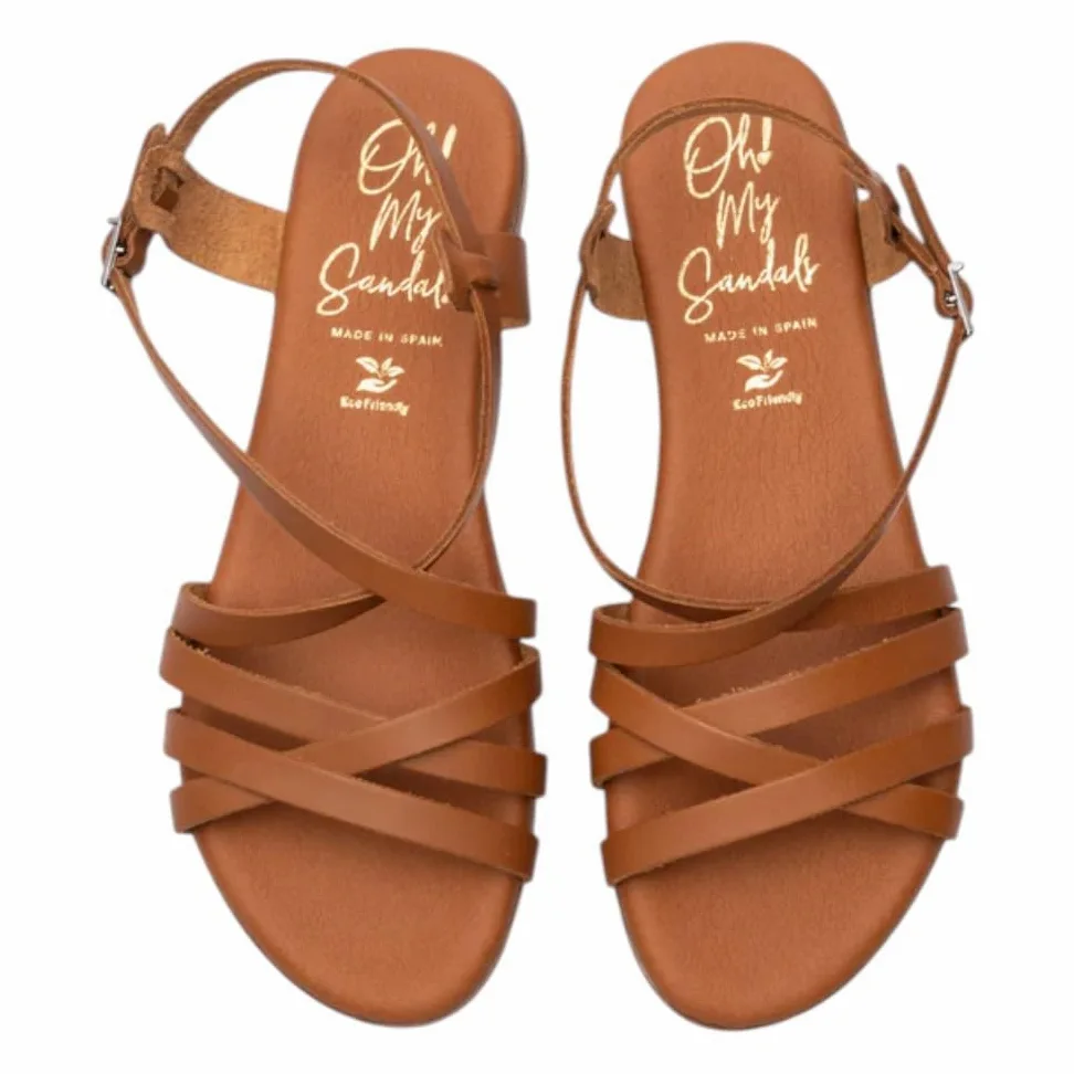 Sandalia Plana de Piel para Mujer - Modelo Brenda - Color Roble - Oh! My Sandals - Cuero