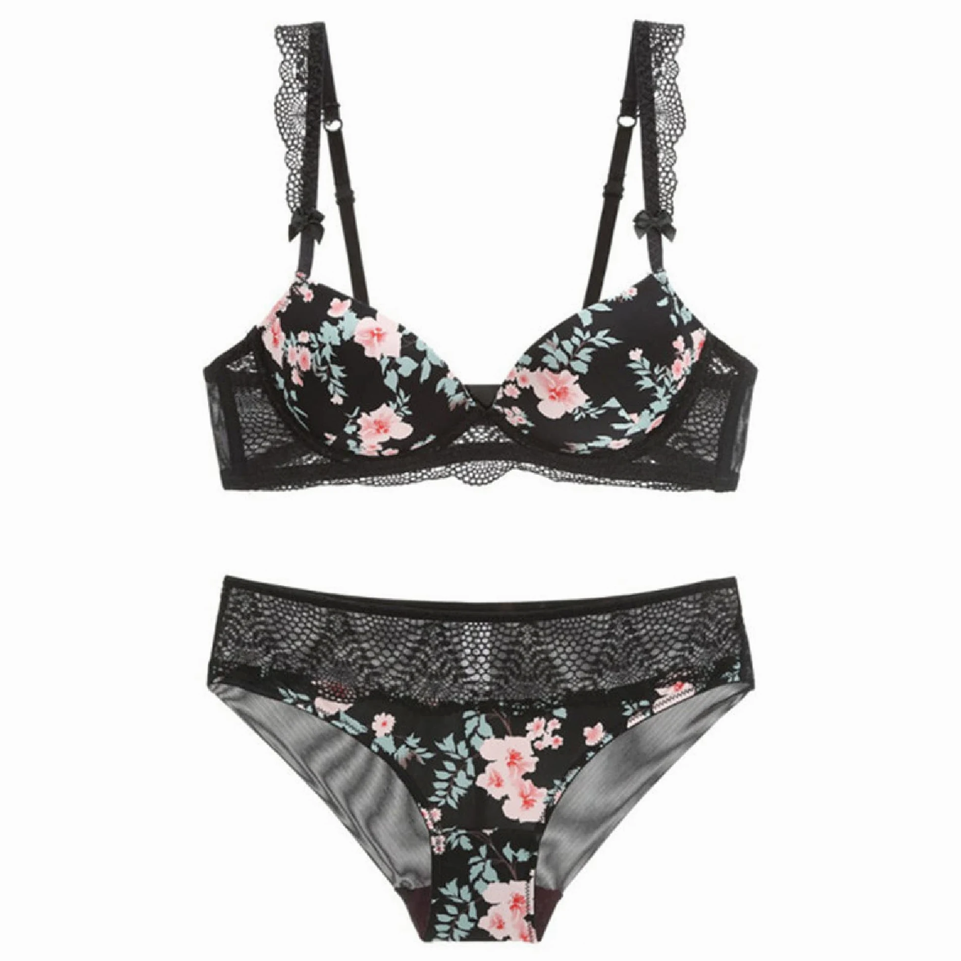 WENJUN - Conjunto de sujetador y bragas de lencería con bordado floral para mujer, sujetador sexy push up no acolchado para uso diario (color: negro, tamaño: 70 A)