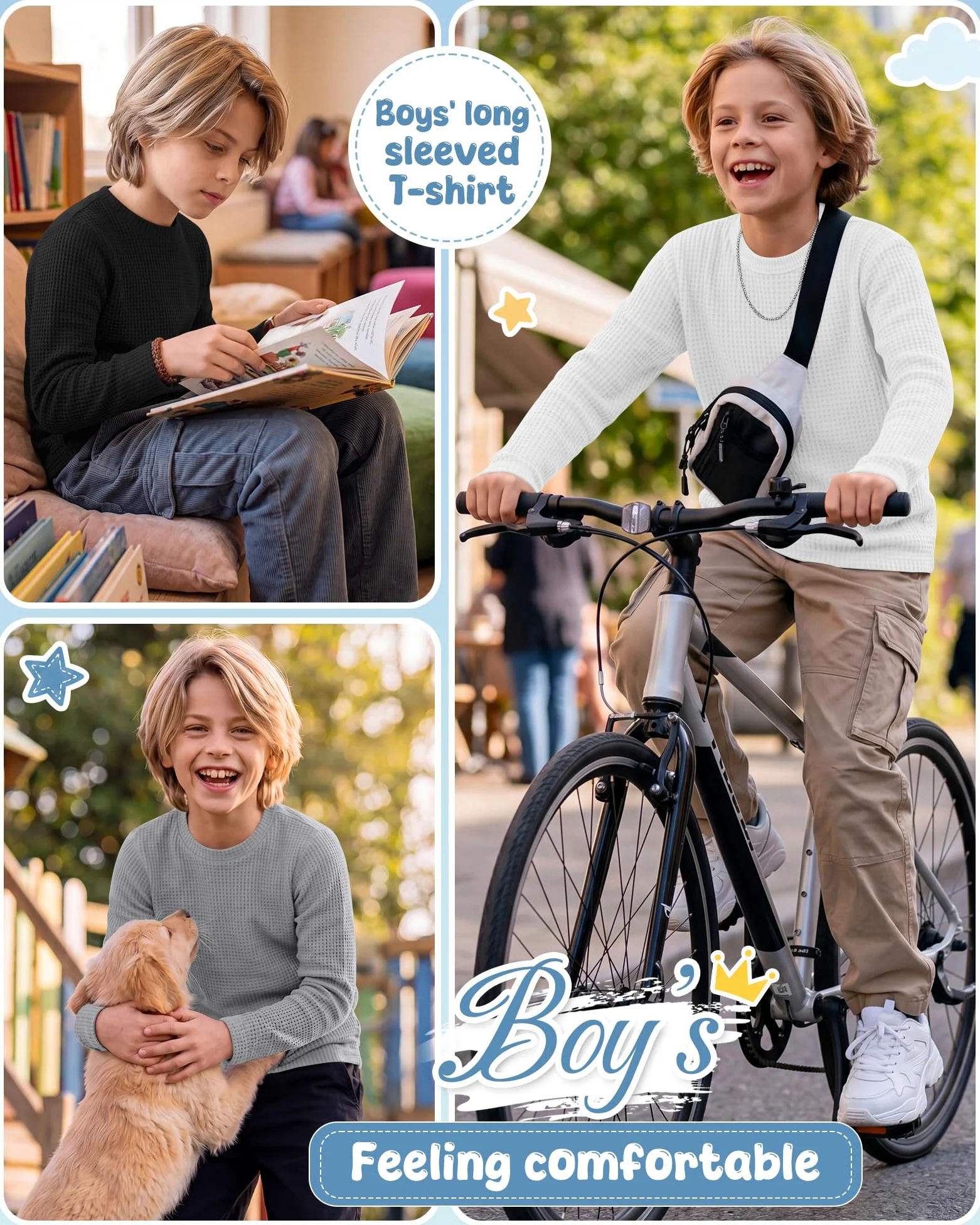Clabby Pack de 3 Camisetas de Manga Larga Tipo gofre para niños de 5 a 14 años, Camisetas térmicas básicas para jóvenes