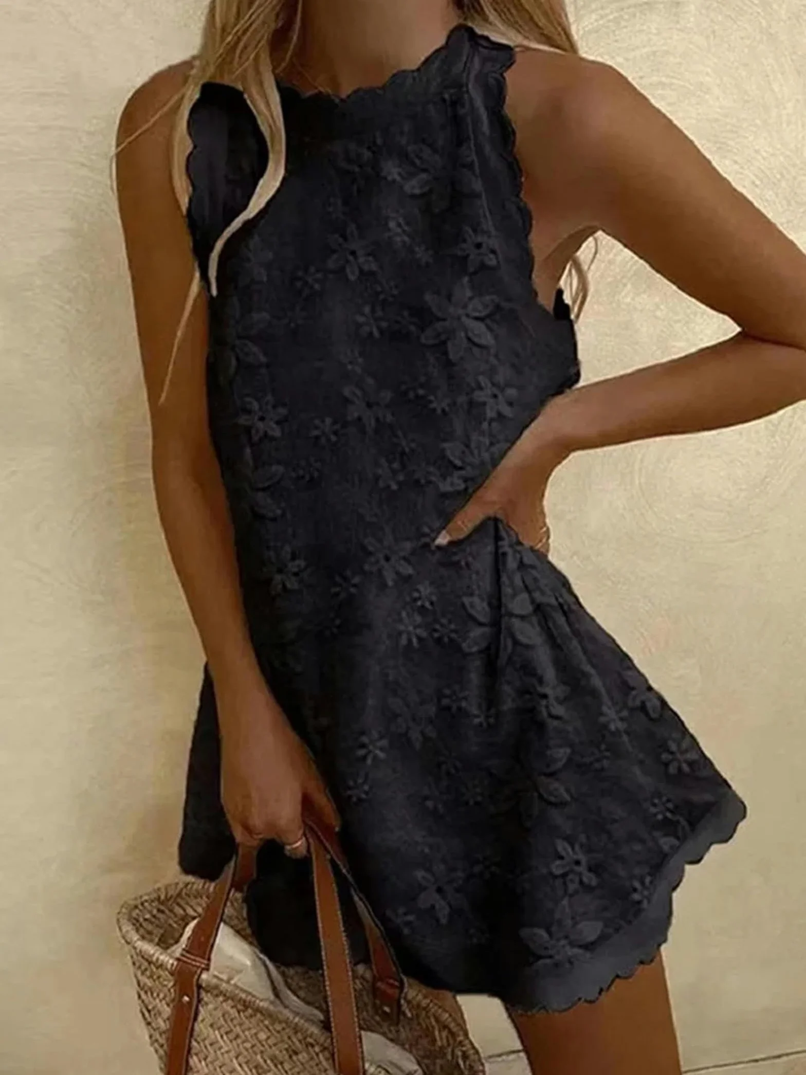 Vestido para Mujer Vestido Sin Mangas para Mujeres Elegante Cuello Redondo Y Suelto Elegante Mini Vestido De Encaje Vestido