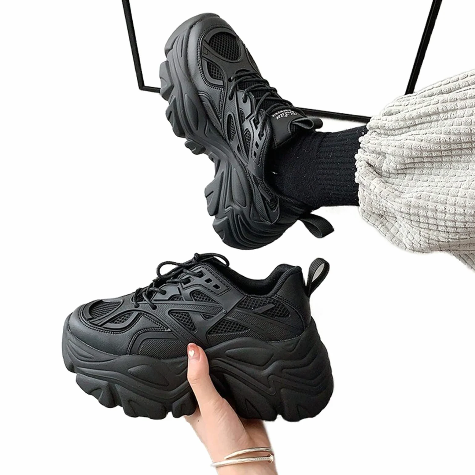Julymens Tenis gruesos de plataforma para mujer, con cordones, tacón de cuña, color negro, zapatos para papá