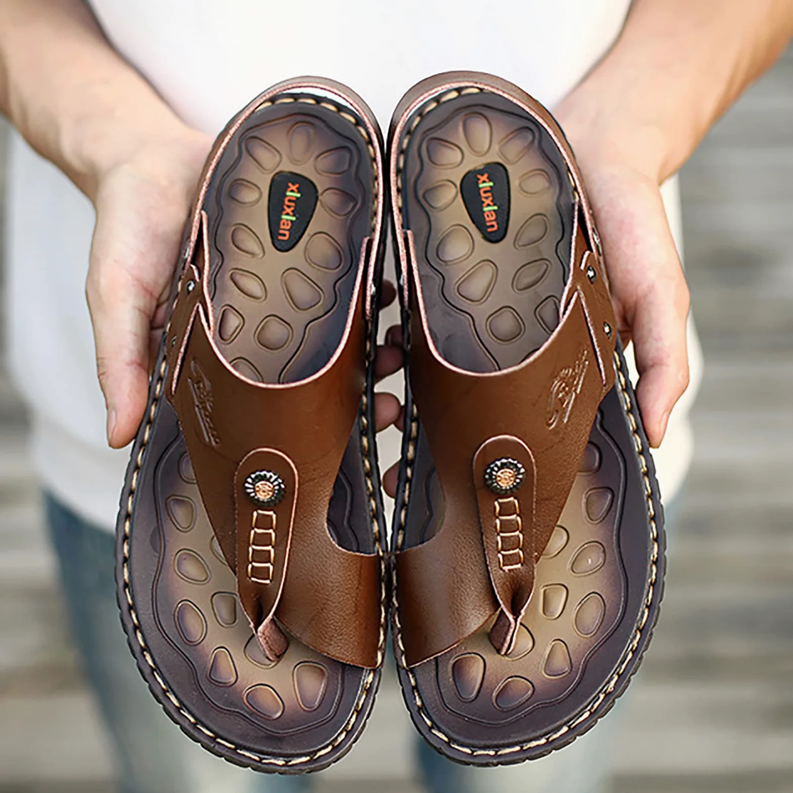 Chanclas Hombre Cuero Sandalias Verano Antideslizante Piscina Playa Flip Flops(Size:43 EU,Color:Marron Oscuro)