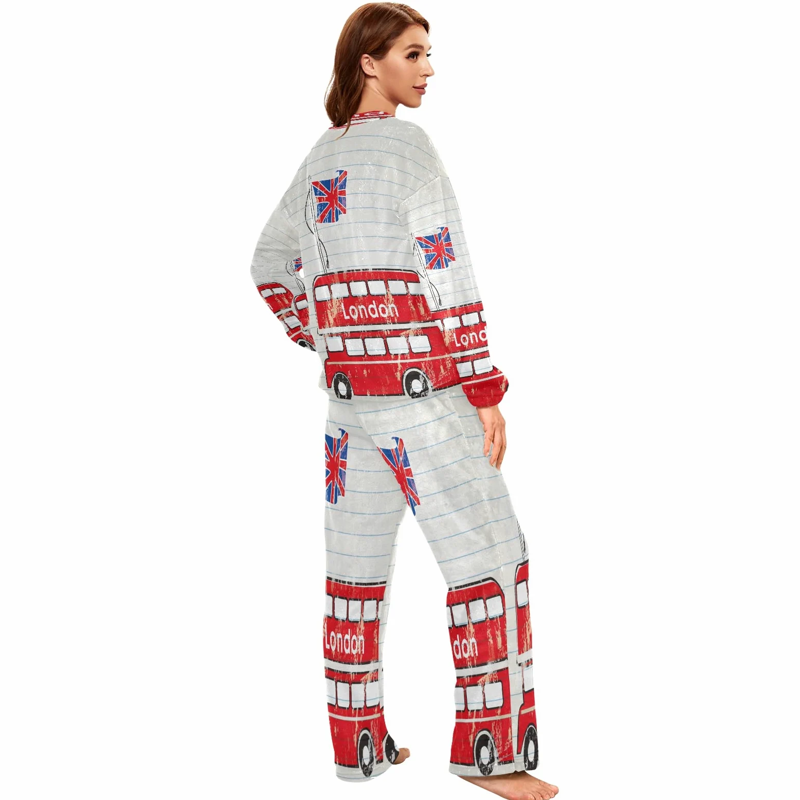 Mnsruu Juego de pijamas de franela con bandera británica de Londres Bus para mujer, 2 piezas, ropa de dormir de manga larga, conjuntos de salón