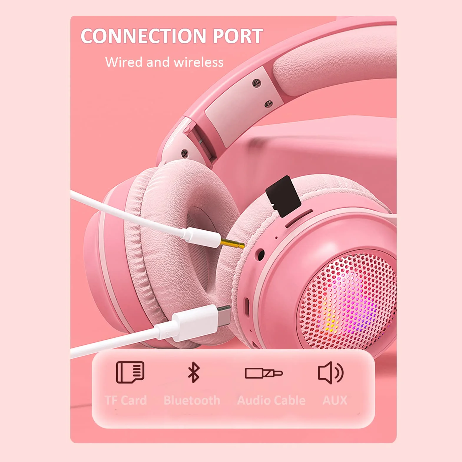 Auriculares para Niños, Auriculares Bluetooth 5.0 con Oreja de Conejo, Auriculares Inalámbricos Plegables con Luz LED sobre la Oreja, Soporte TF/AUX, Regalos para Niños, Niños Pequeños,(Rosado)