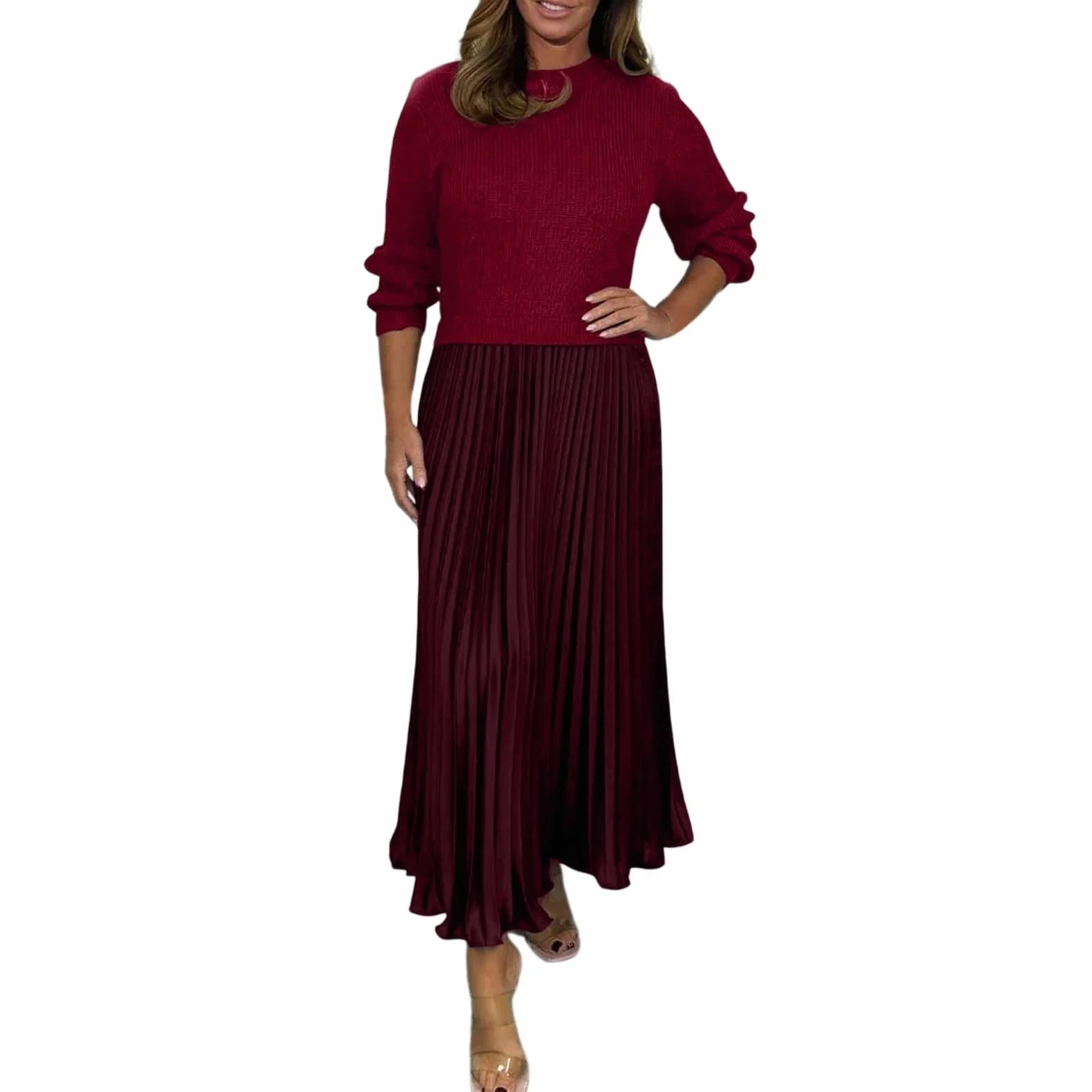 Nuevo Vestido de Invierno para Mujer con Cuello Redondo, Tiras y Pliegues
