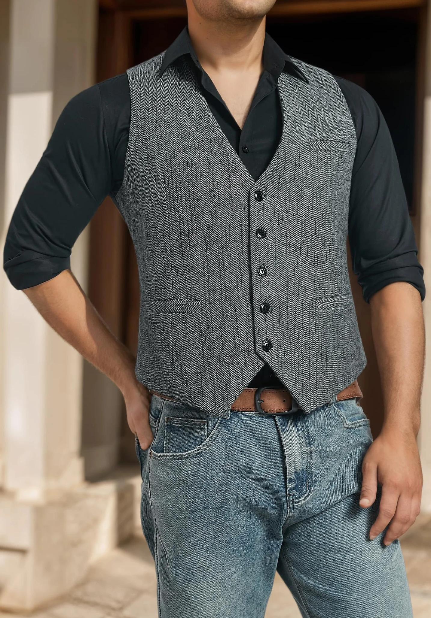 HISDERN Tweed Chaleco Lana Hombres Formal Chaleco Traje