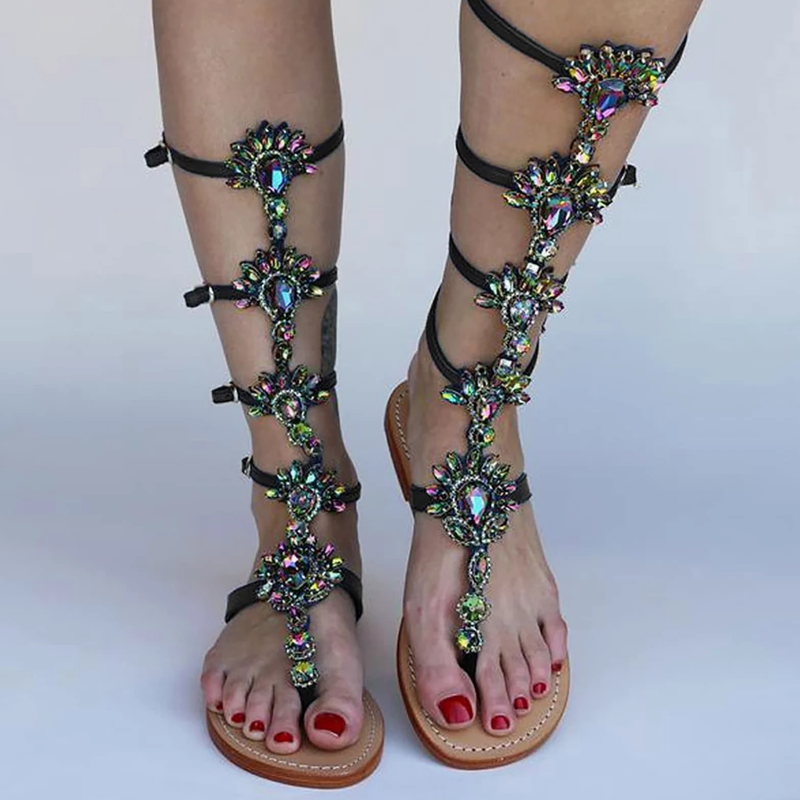 Genérico Sandalias Planas Negras Sandalias de Mujer Verano Romanas Con Hebilla de Imitación Y Punta Plana Para Mujer A La Goma Planas Verano