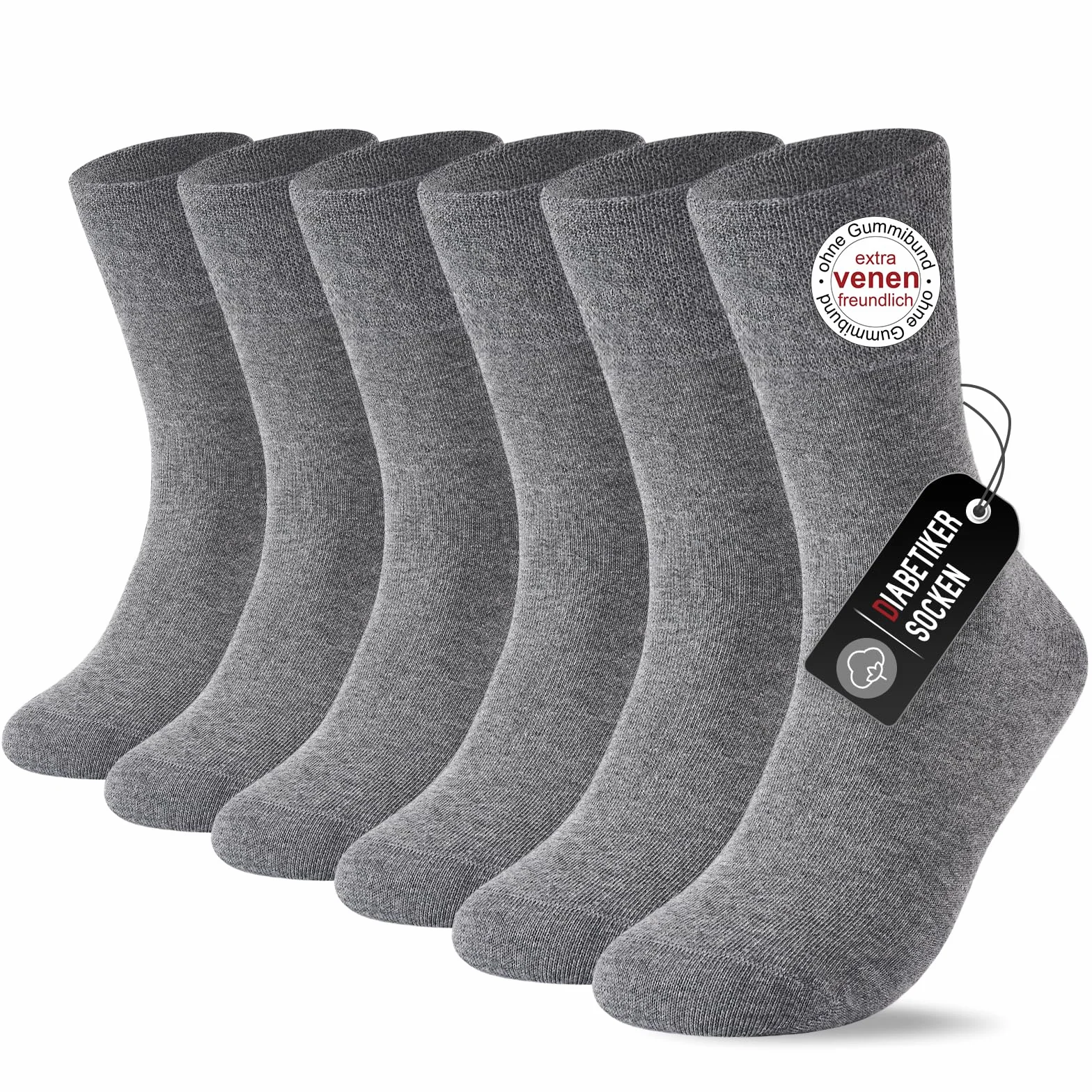 SockWaddles 6 pares de Calcetines diabéticos sin elástico ni costuras, 97% algodón, calcetines sin costuras hombre y mujer con puño cómodo, colores negro, blanco y gris, tallas 35–50