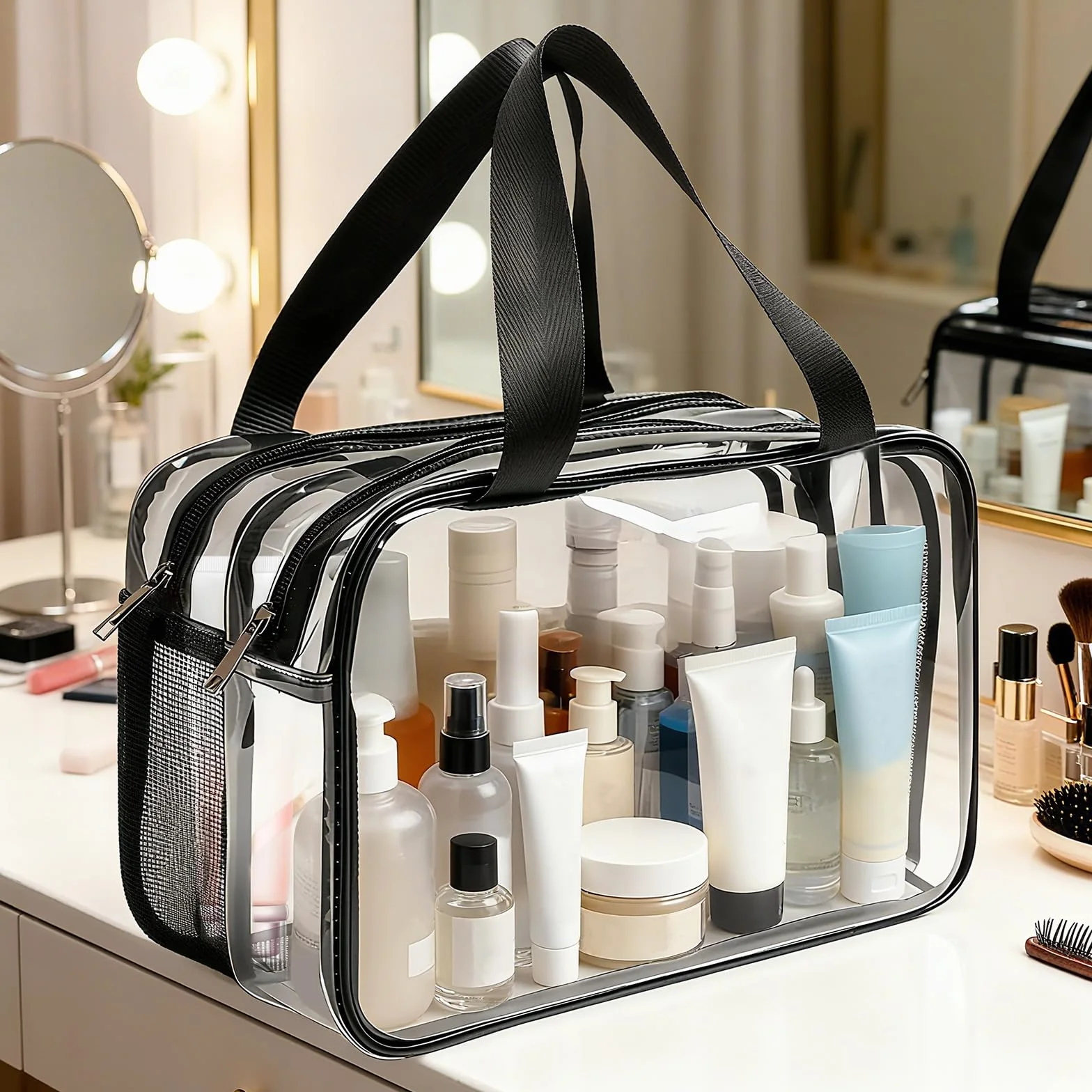 Neceser de viaje transparente grande, 31 x 21,1 x 16 cm, PVC grueso, impermeable, con compartimentos dobles y cremallera, para viajes en avión, mujeres y hombres