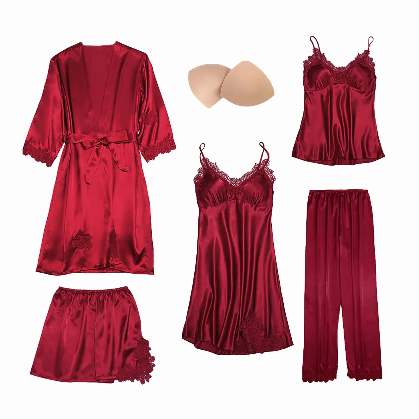Mujer 5 Piezas Satén Pijama Conjunto Encaje Kimono Vestido Pijama Conjunto Sexy y Pantalones Largos Cortos Camisón Conjunto con Almohadillas de Pecho