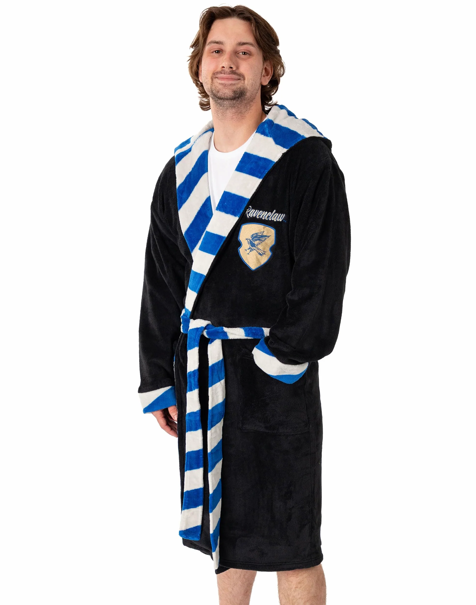 Harry Potter Albornoz unisex con capucha Ravenclaw, negro y azul | Tejido polar suave para relajarse y bañarse | Manga larga con diseño retro a rayas | Merchandising