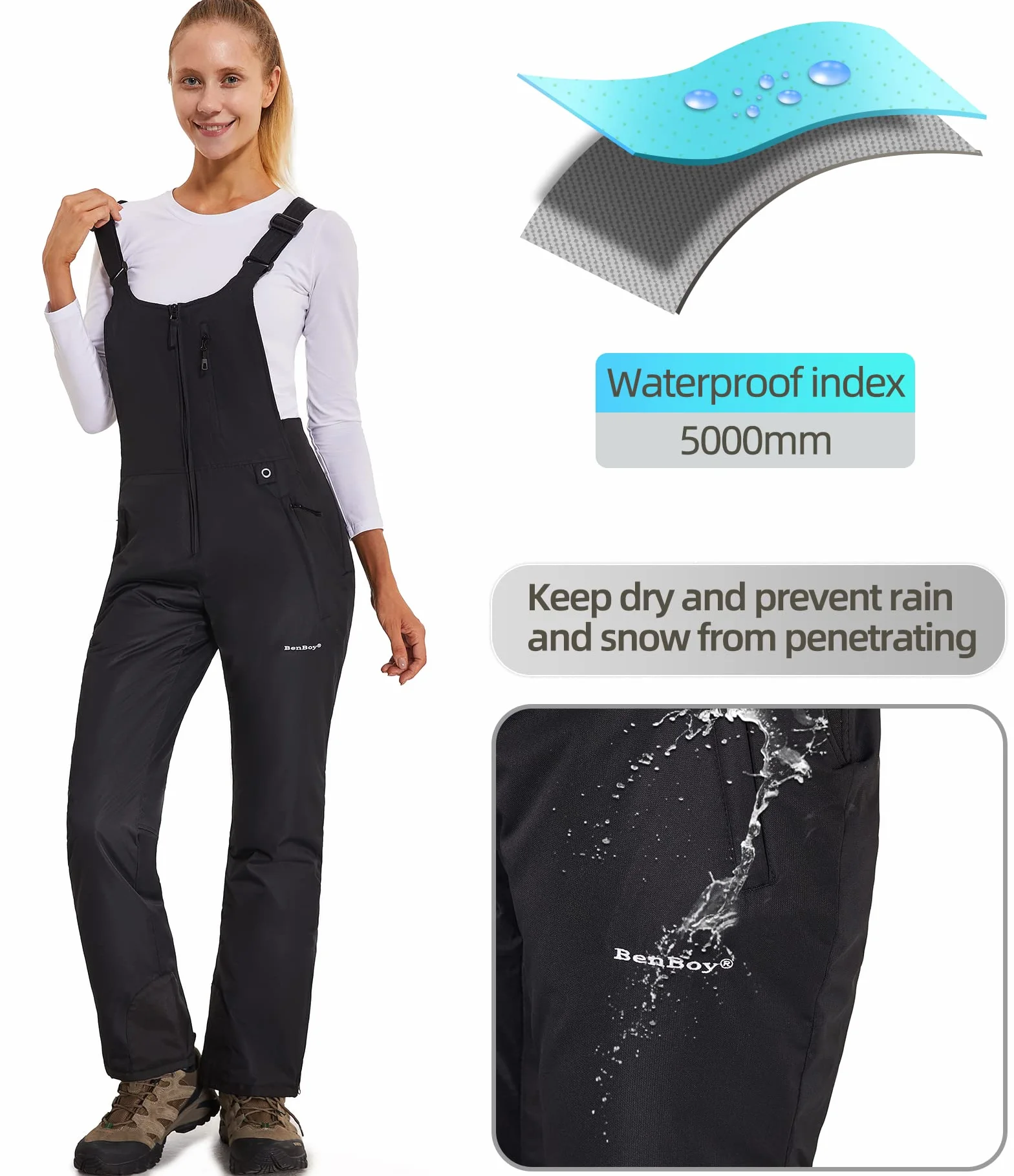 Pantalones Nieve Esquí Mujer Invernal Pantalón Softshell Calor Pantalones de Trabajo Largos Prueba Viento Impermeable Mono Outdoor Pantalón Funcional con Tirantes Ajustables HXK7552W-Black-XS
