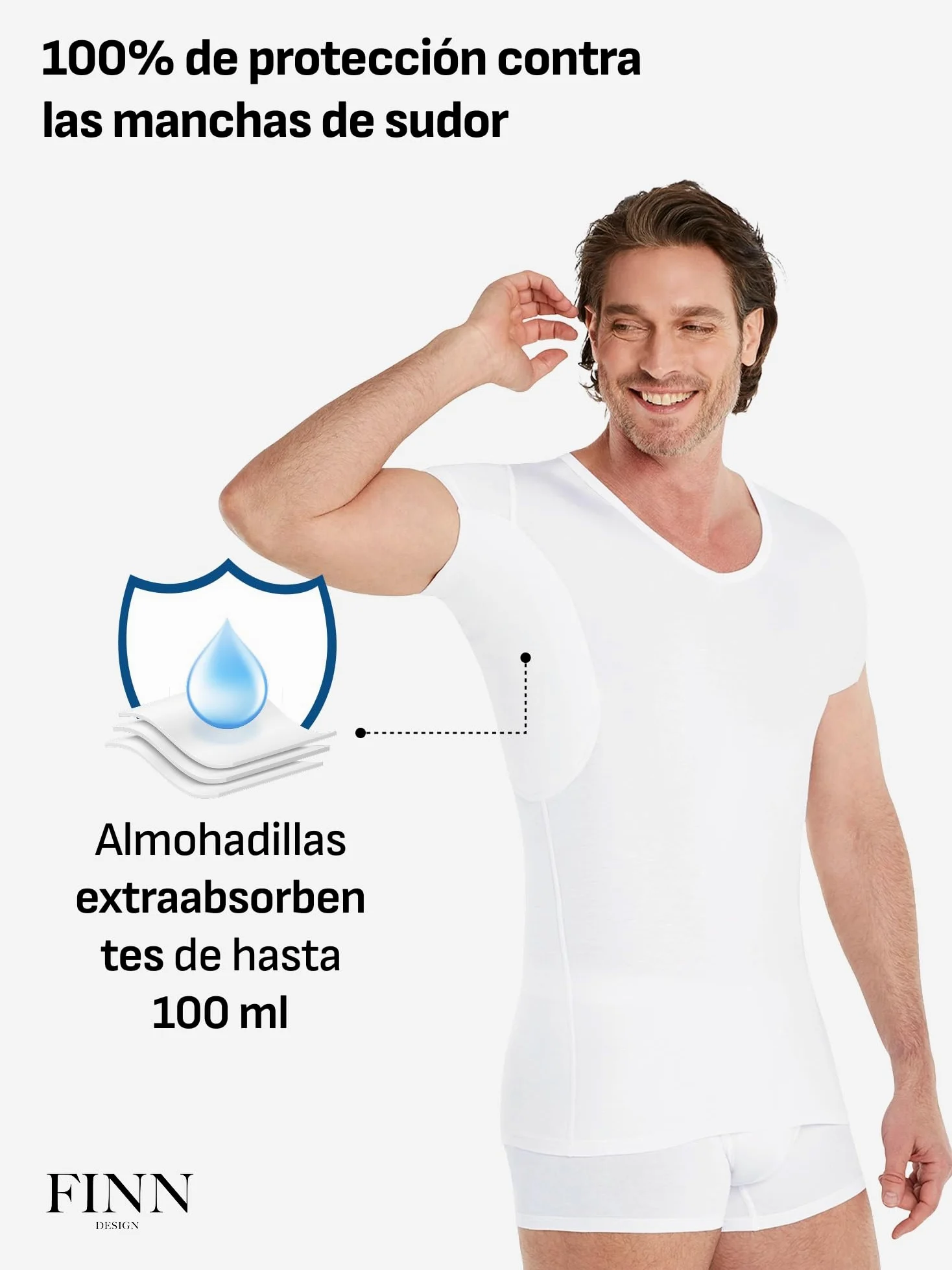 FINN Camiseta Antisudor Hombre Manga Extra Corta - Invisible Bajo Polo | Termina 5 cm más arriba y no se ve. Almohadillas de hasta 100 ml, tallas de la S a la 5XL